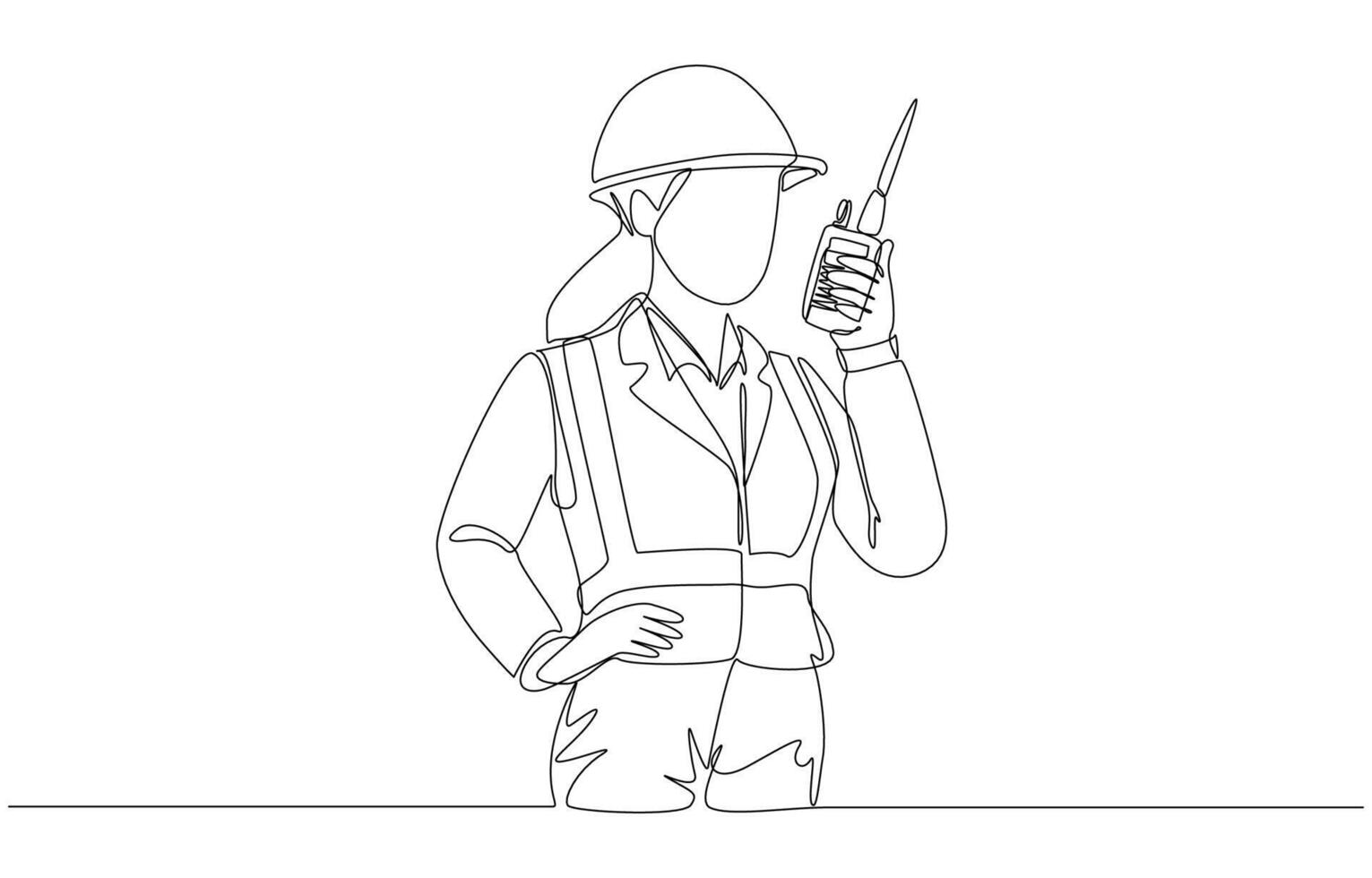 Continuous one line drawing of female engineer using walkie talkie at construction work, remote communication in construction project concept, single line art. vector