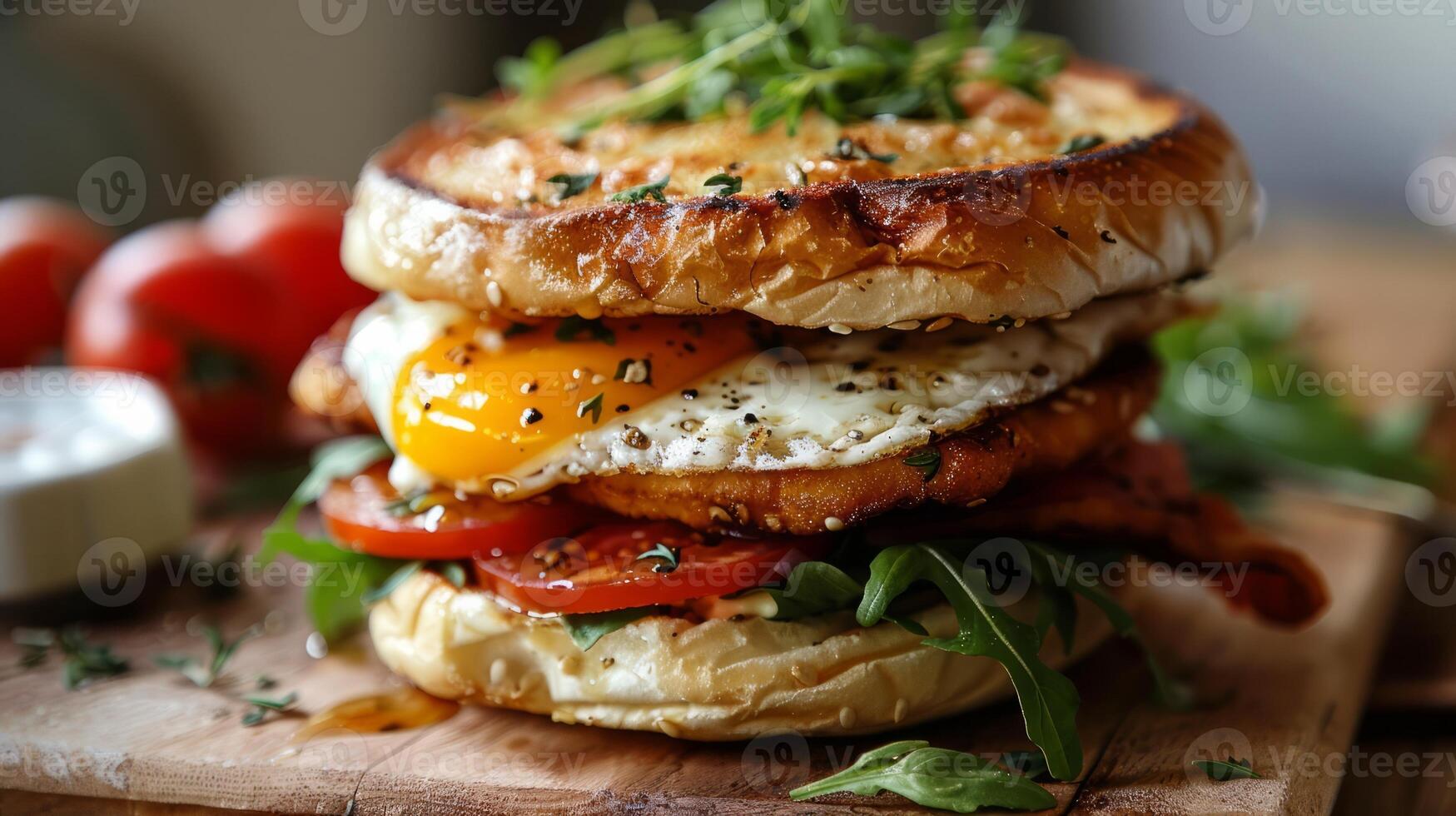 Breakfast sandwich with a fried egg, bacon, cheese and vegetables photo