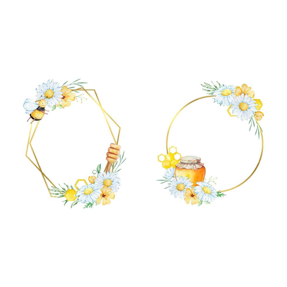 Watercolor floral frame with bee, honeycomb, daisy and leaves vector