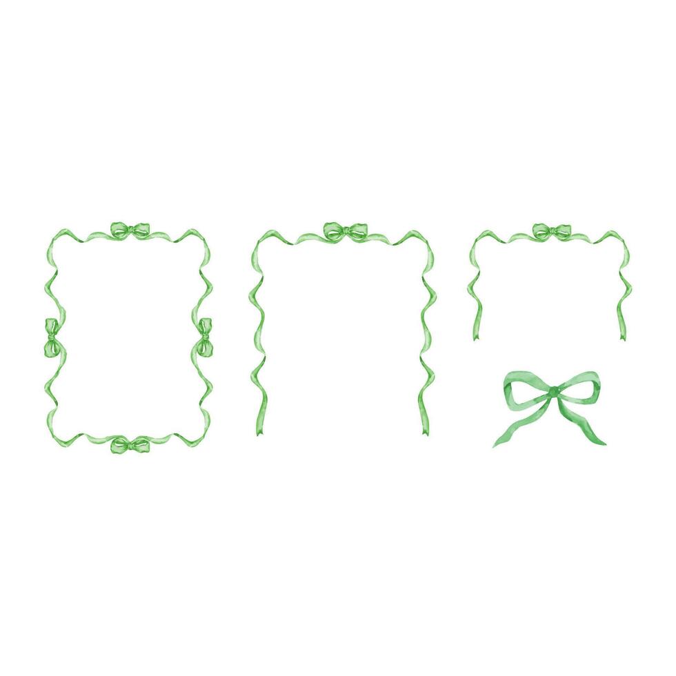 Green frames set of watercolor ribbon and bow vector