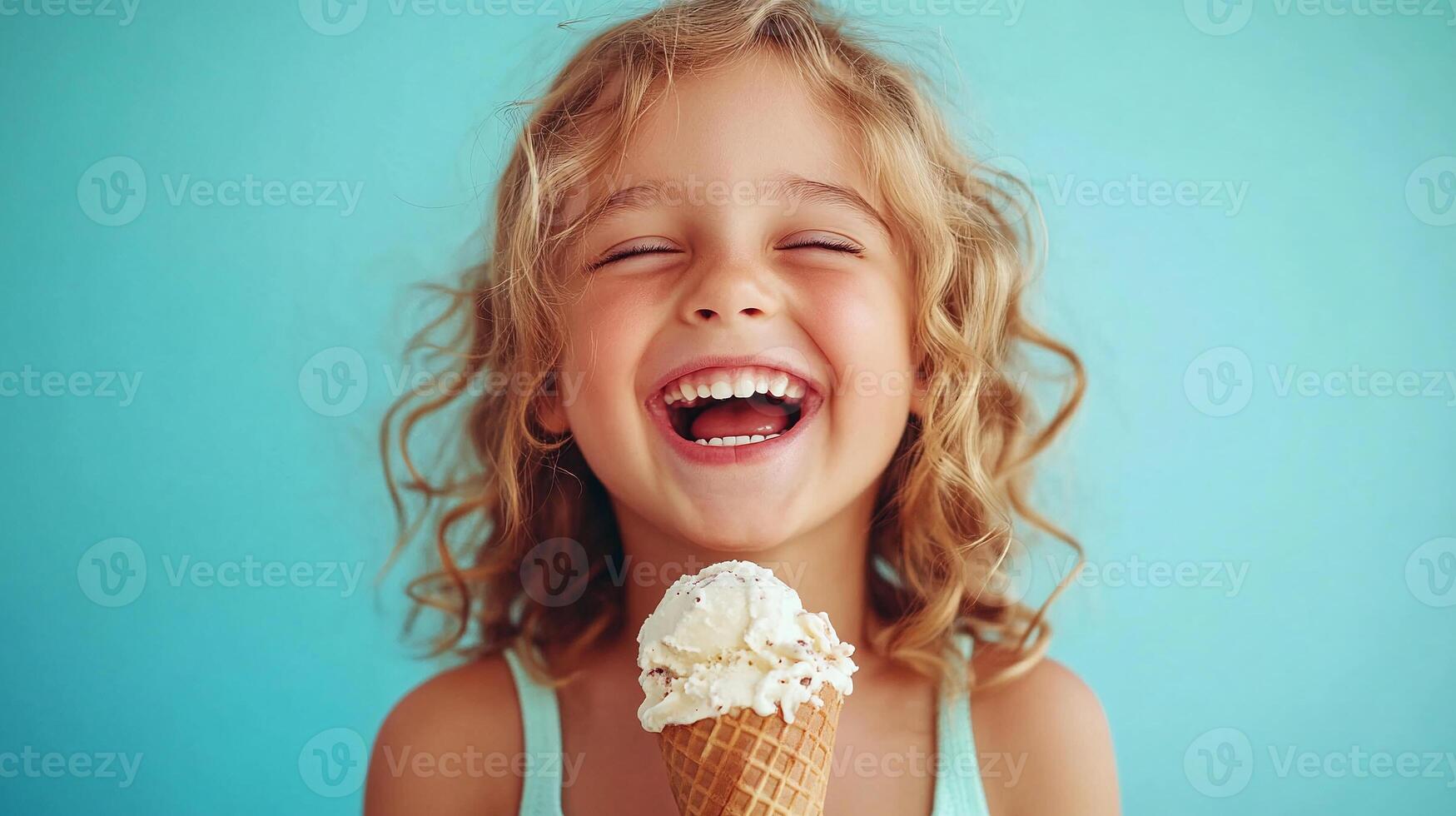A little girl is smiling while holding an ice cream cone photo