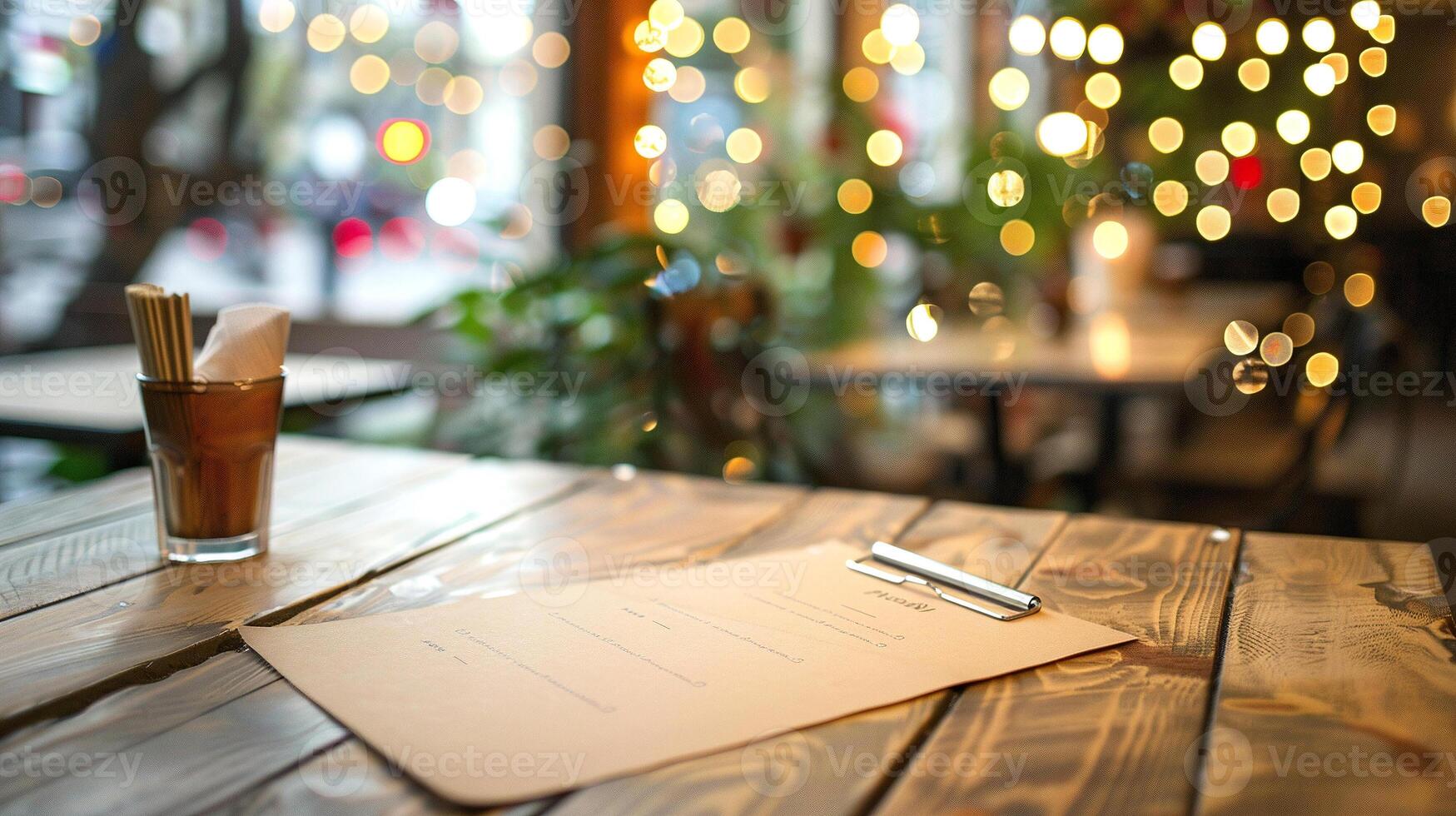 A menu sits on a table in front of a window photo