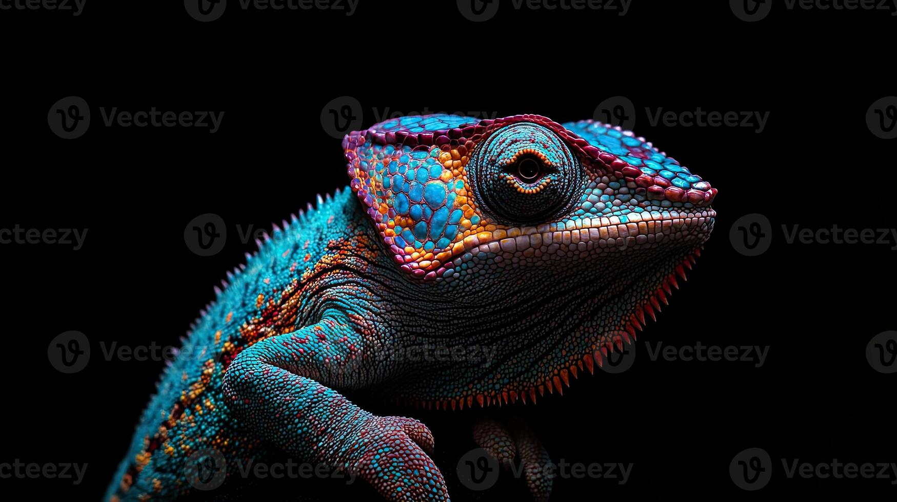 Chameleon isolated on black background photo