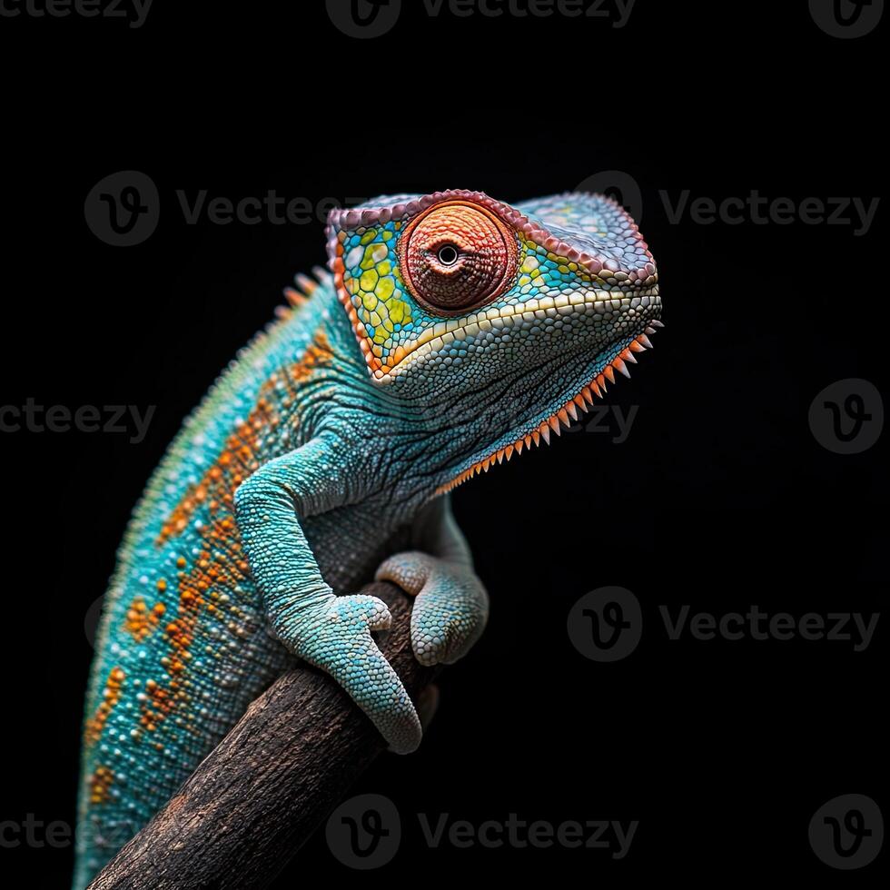 Chameleon isolated on black background photo