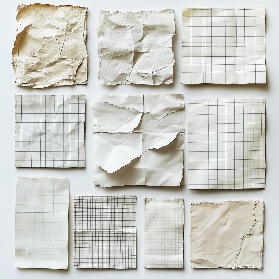 A collection of crumpled and folded grid papers in various sizes and conditions, arranged neatly on a flat surface photo