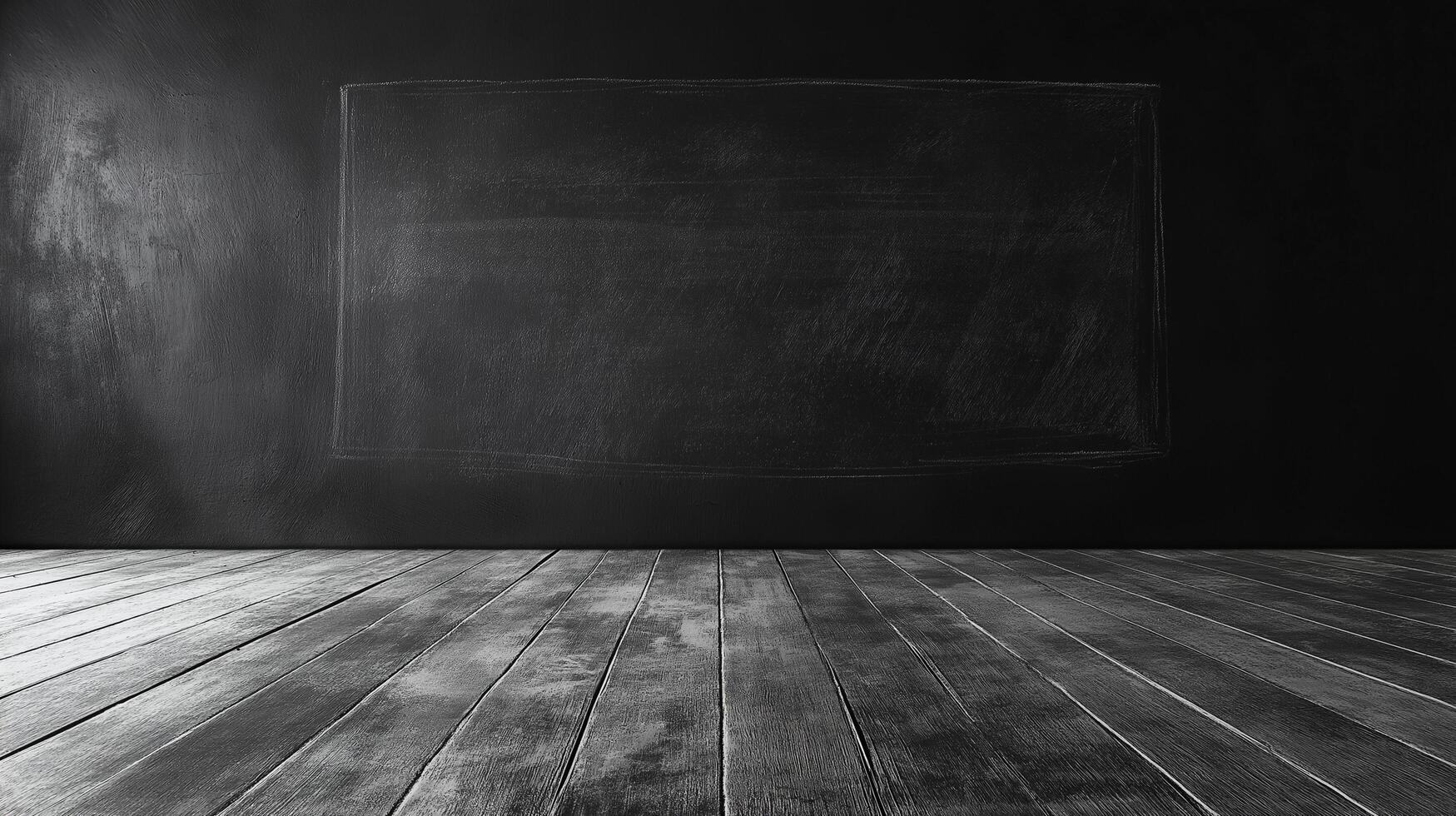 Empty dark room with a blackboard wall and wooden floor, creating a minimalist and moody atmosphere photo