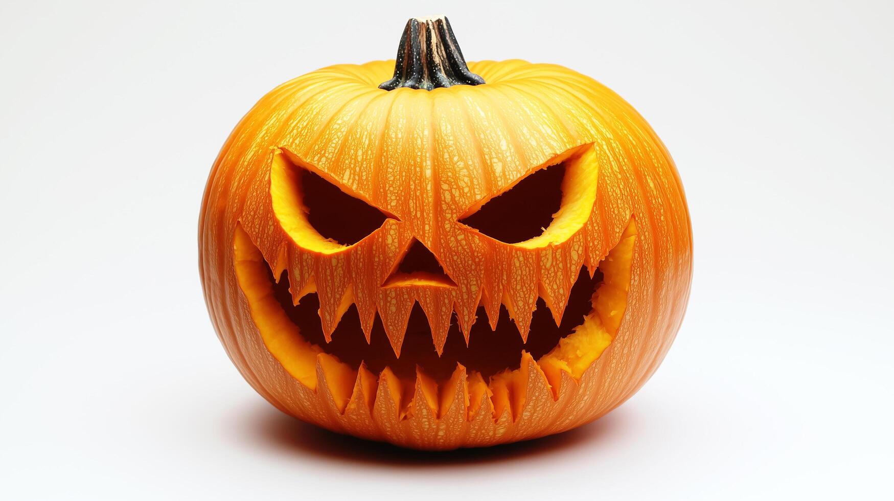 A classic carved pumpkin with a menacing, jagged-toothed grin, perfect for a spooky Halloween atmosphere photo