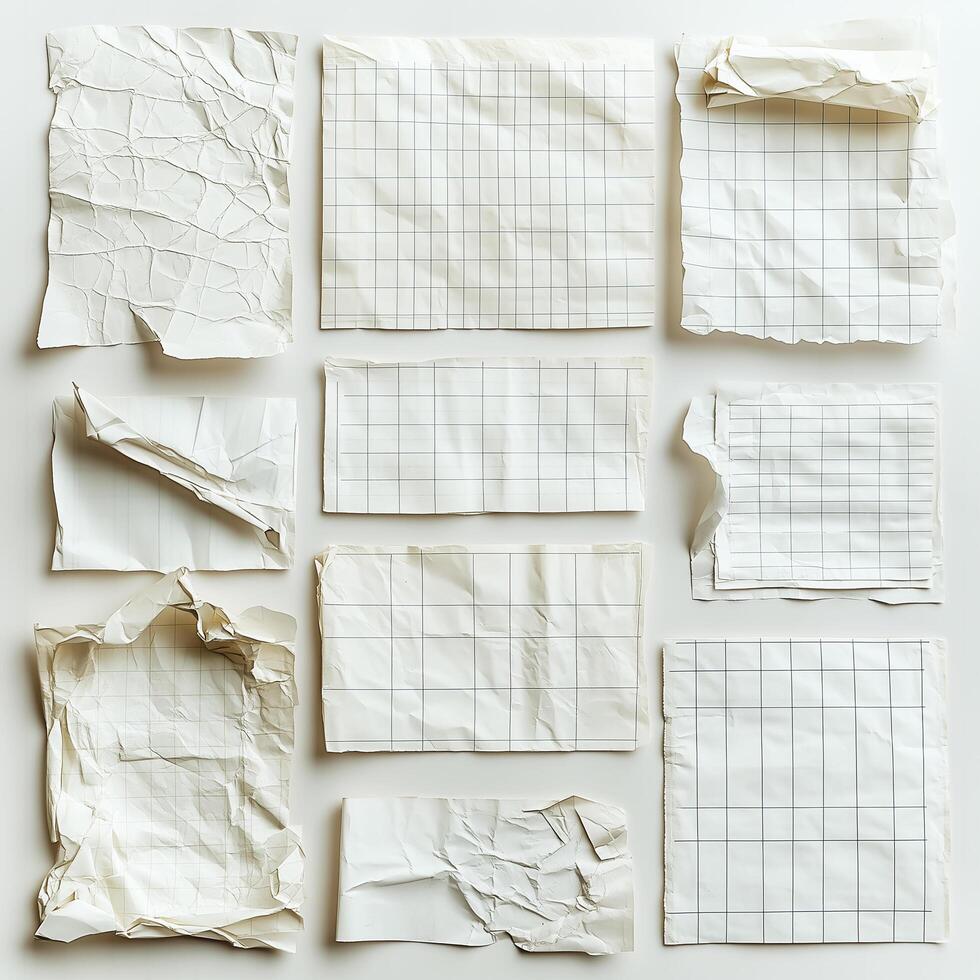 A collection of crumpled, grid-patterned paper sheets arranged on a white background, showcasing texture and pattern photo