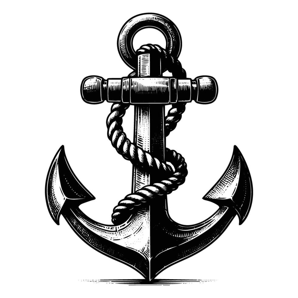 An anchor with rope black and white drawing vector