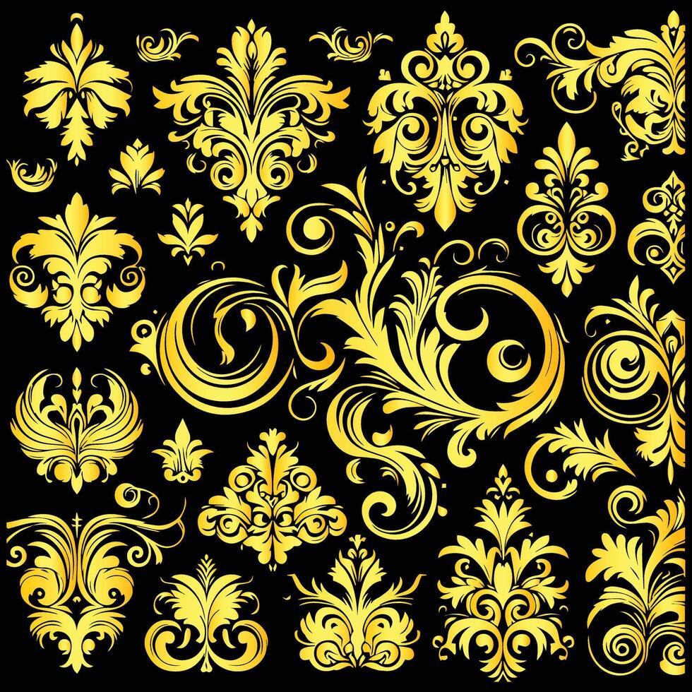 golden floral design elements on black background vector