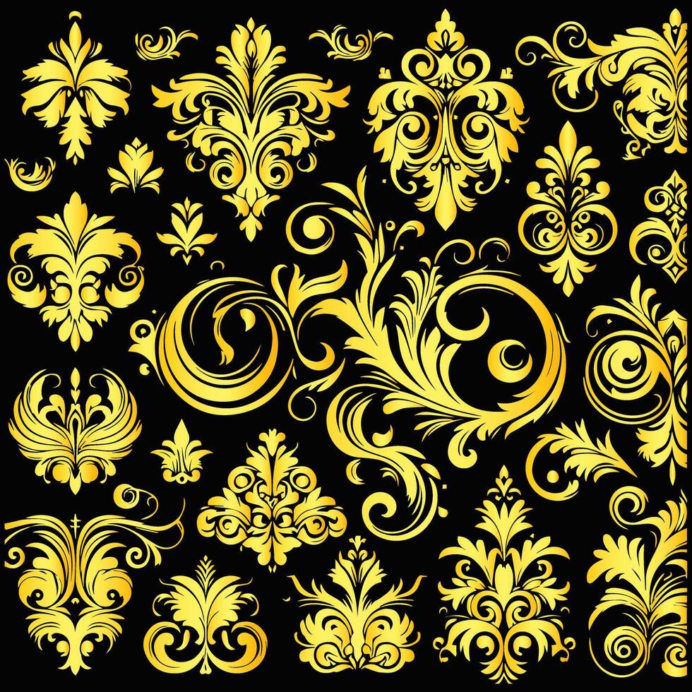Golden floral design elements on black background vector