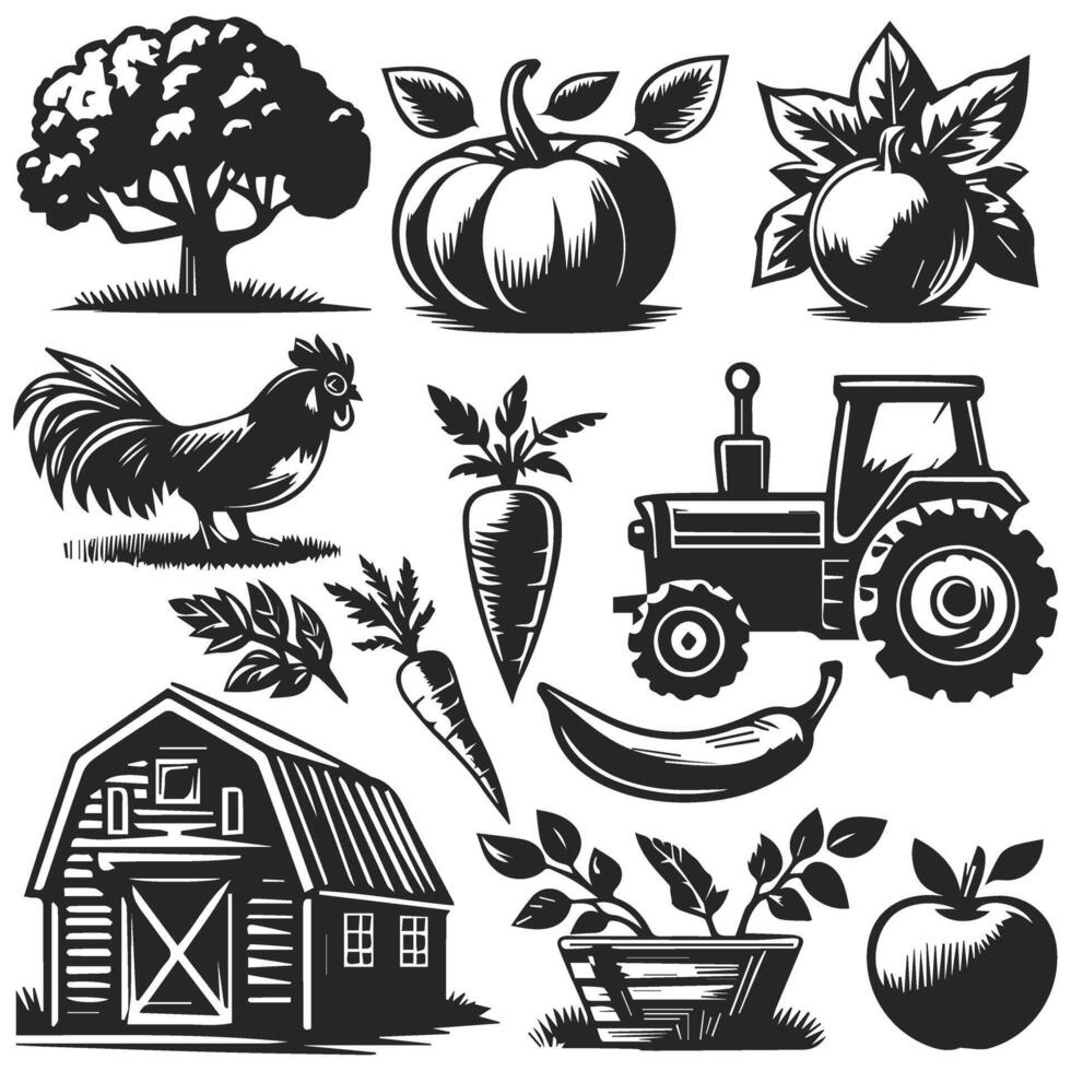 Black and white farm and garden icons set illustration vector