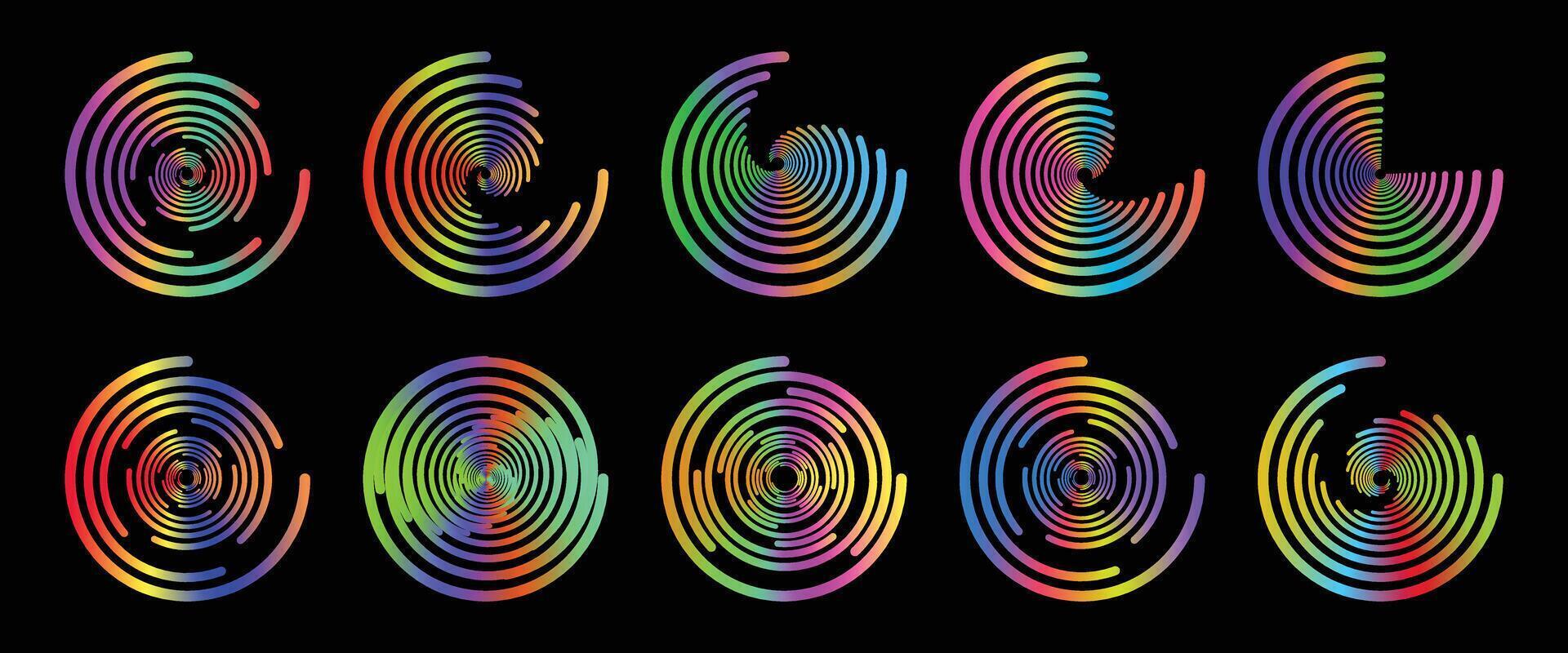 Circular line collection rainbow color style isolated on dark background. vector
