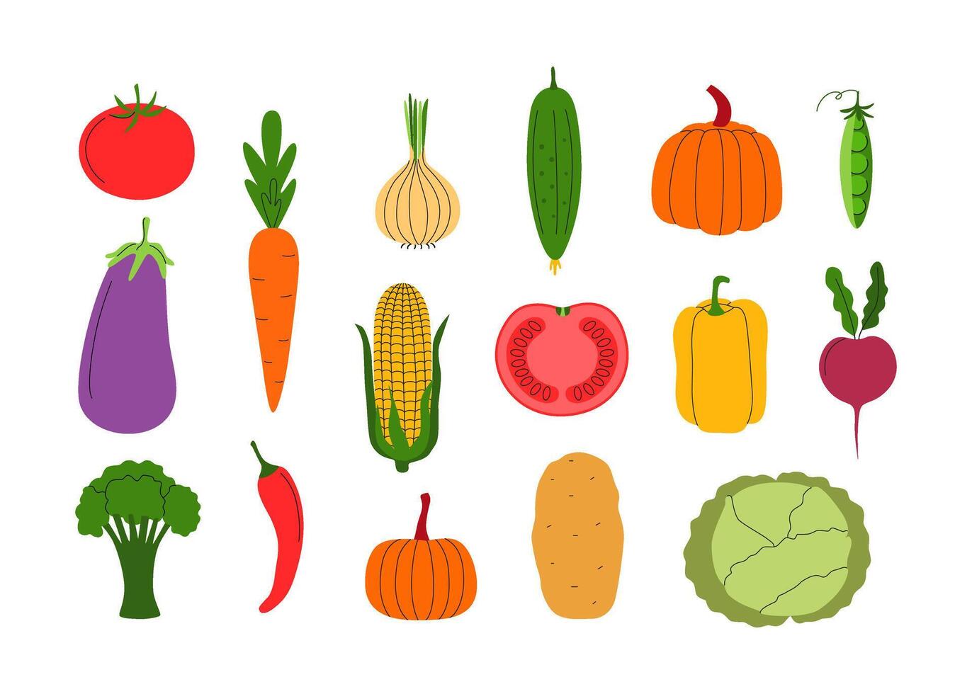 Colorful vegetables icons and doodles clipart. Harvest season, local