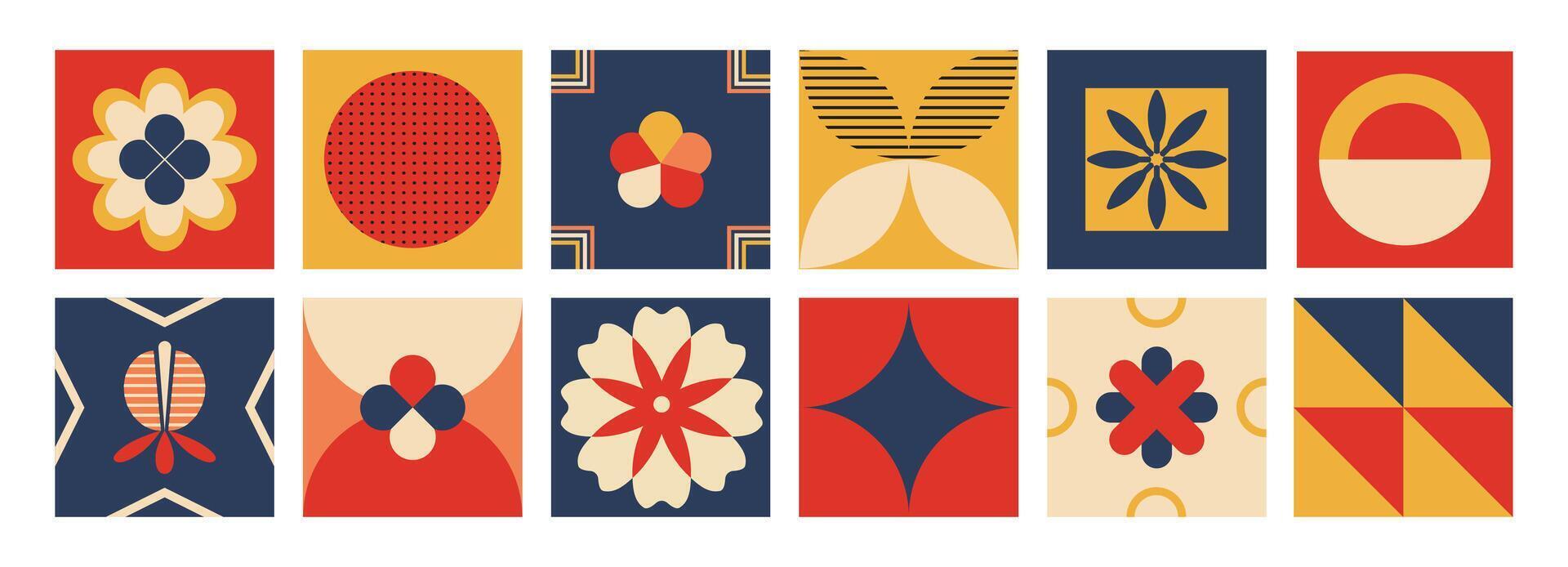 Brutalism shapes and elements. Geometric abstract blocks and tiles. Mosaic, shapes, flowers, figures. Bauhaus. Retro vintage mural background. vector