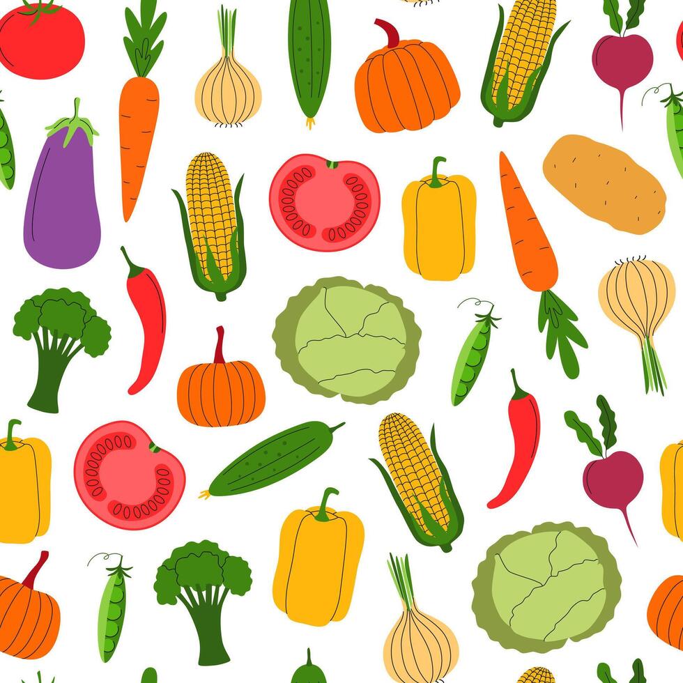 Colorful vegetables seamless pattern. Autumn harvest season, local food market. Agriculture. background, digital paper, wallpaper. vector