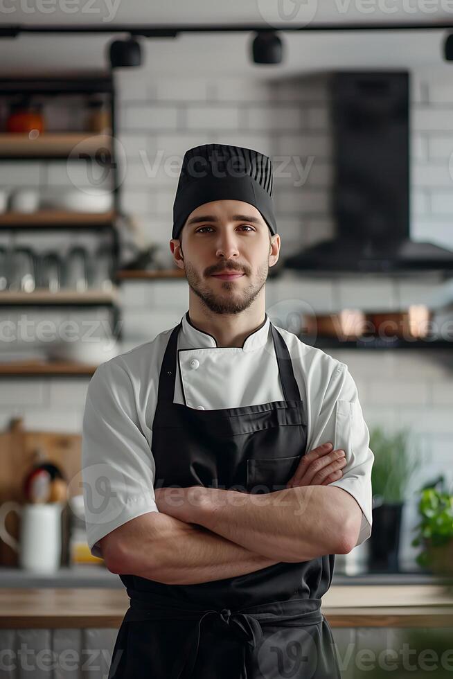 Portrait of chef man in a chef cap in the kitchen. Man wearing apron and chefs uniform and chefs hat. chef for advertising. photo