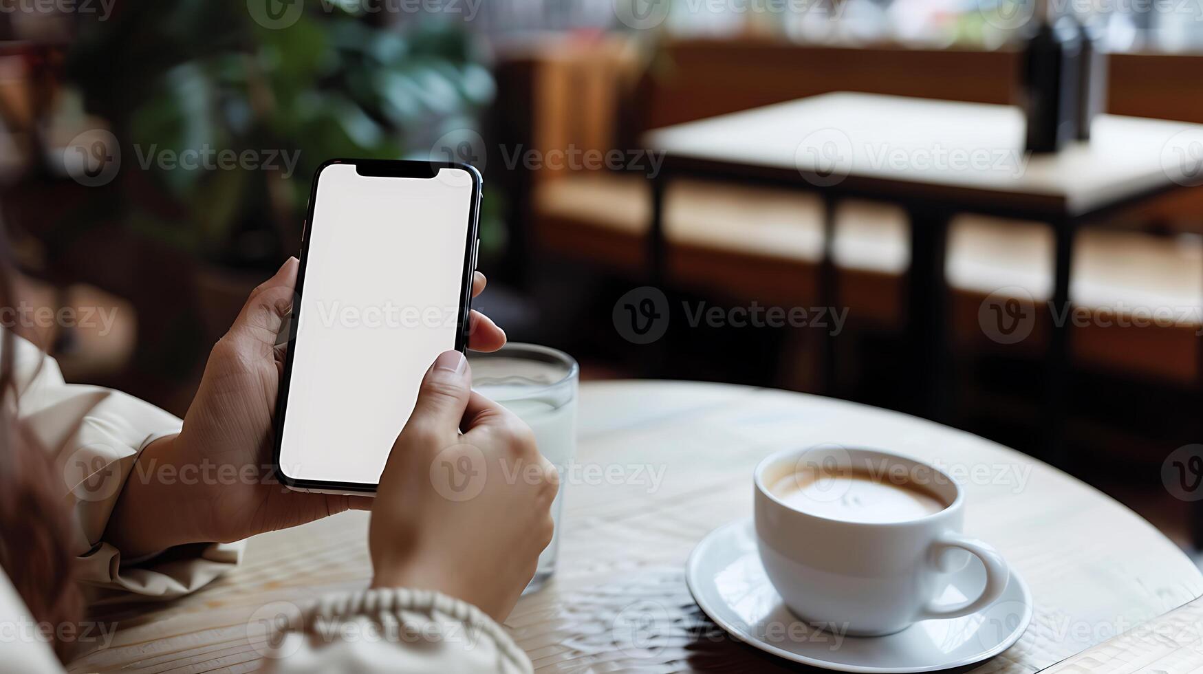 Mockup image blank white screen cell phone hand holding texting using mobile on desk at coffee shop. background empty space for advertise text. photo