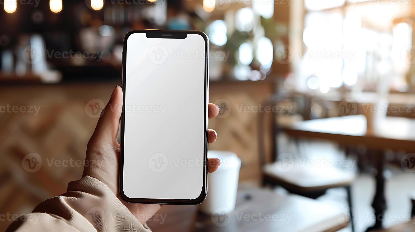 Mockup image blank white screen cell phone hand holding texting using mobile on desk at coffee shop. background empty space for advertise text. photo