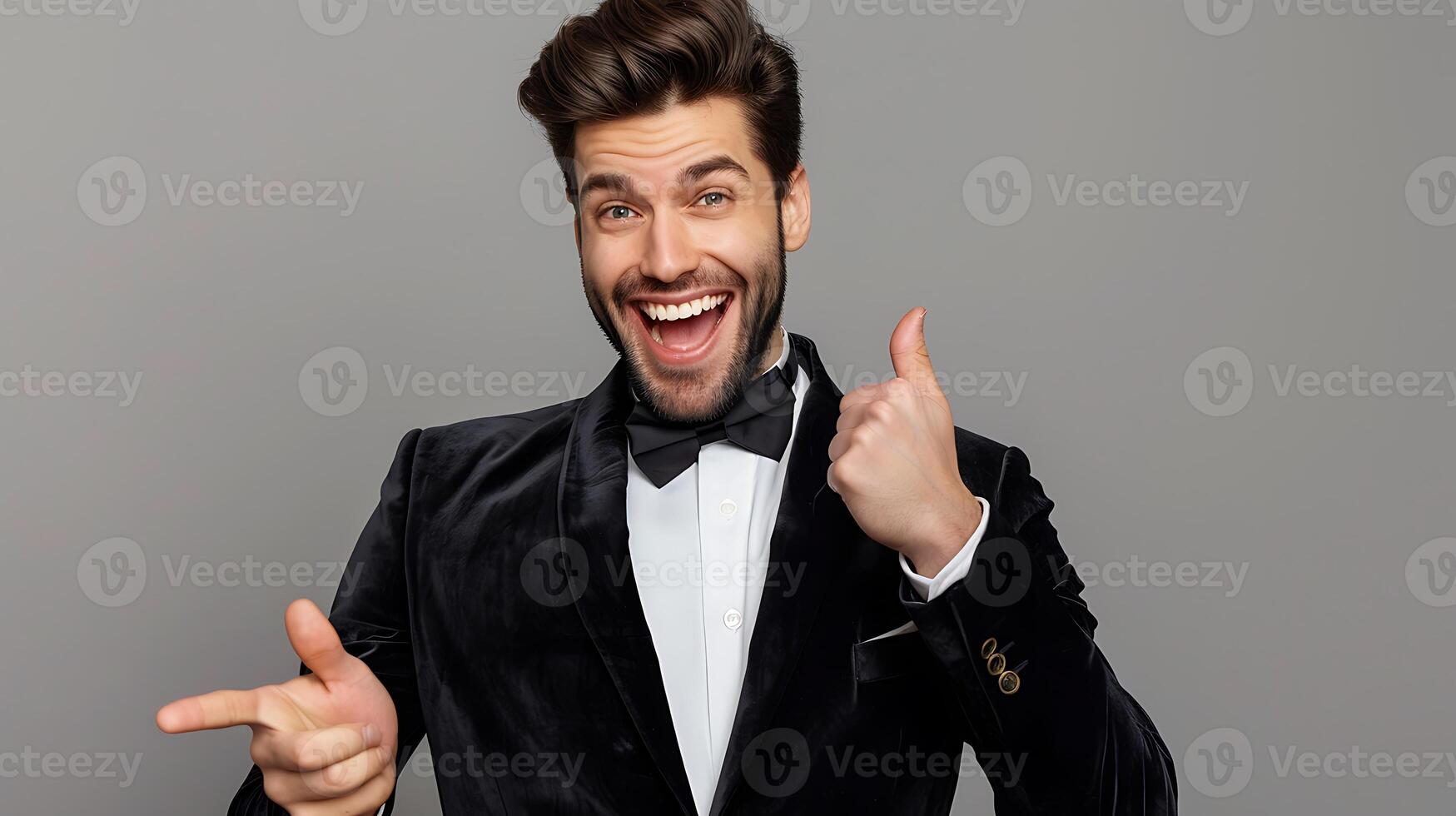 Young handsome man with beard over isolated background pointing to the side to present a product photo