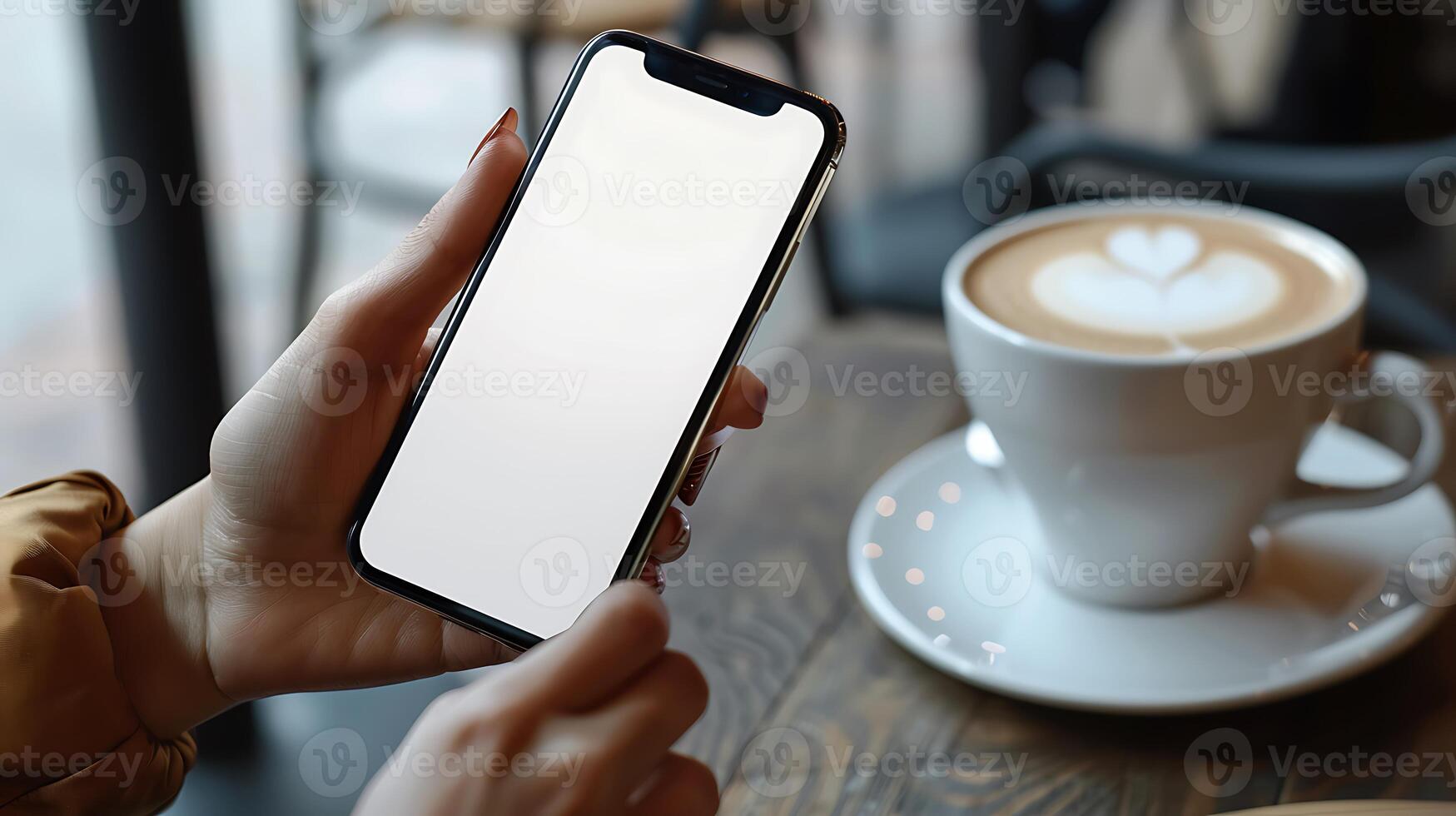 Mockup image blank white screen cell phone hand holding texting using mobile on desk at coffee shop. background empty space for advertise text. photo