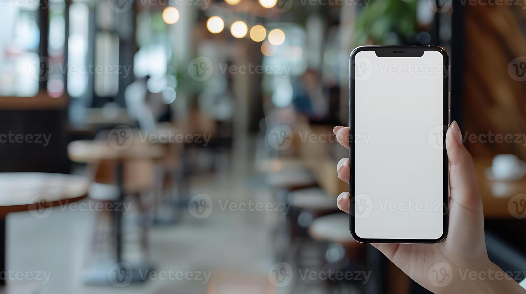 Mockup image blank white screen cell phone hand holding texting using mobile on desk at coffee shop. background empty space for advertise text. photo