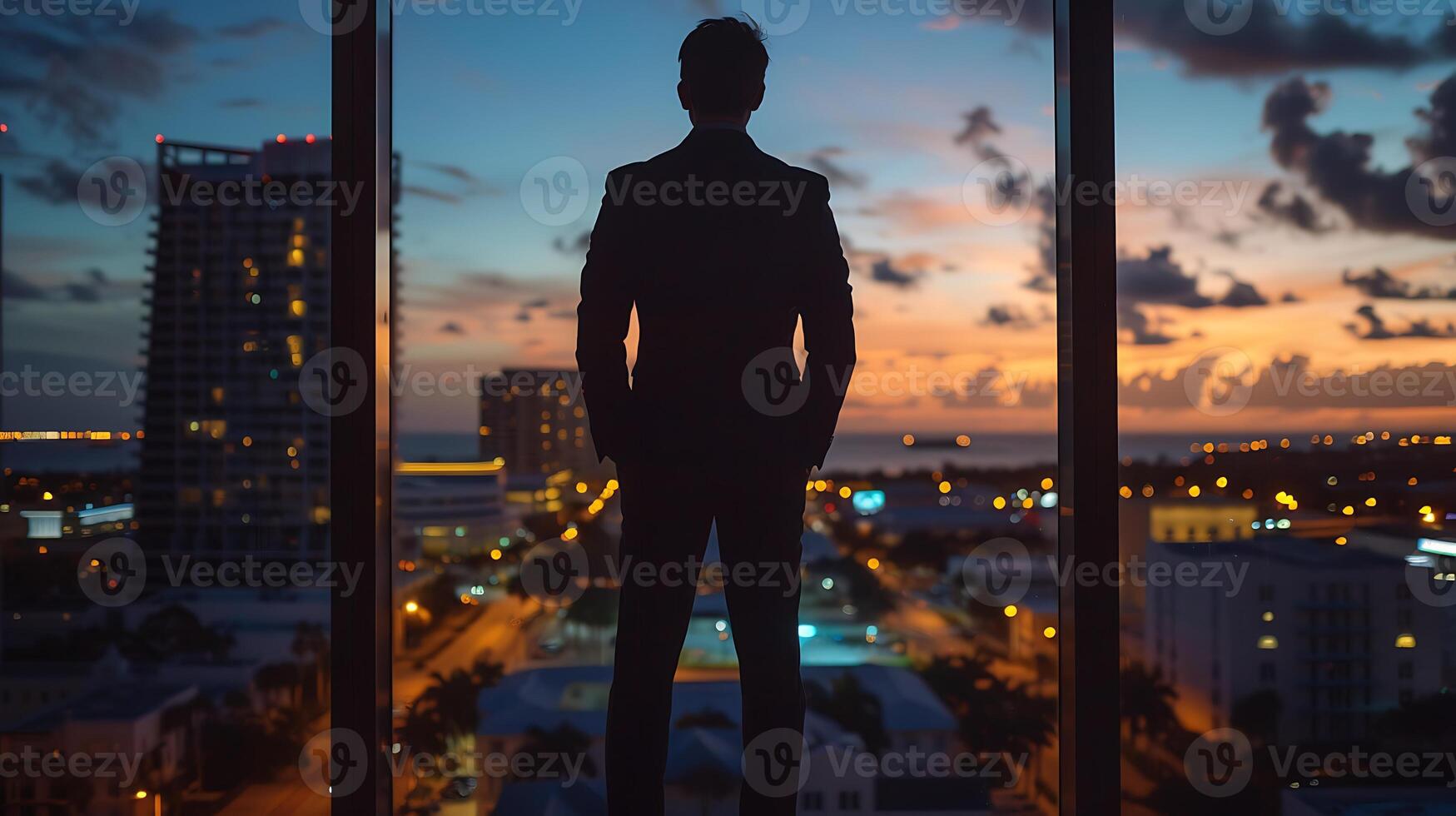 A businessman stands in a high-rise office, gazing out a large window at the city below, as the sun sets in the background photo