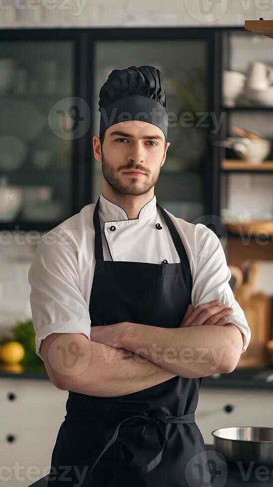 Portrait of chef man in a chef cap in the kitchen. Man wearing apron and chefs uniform and chefs hat. chef for advertising. photo