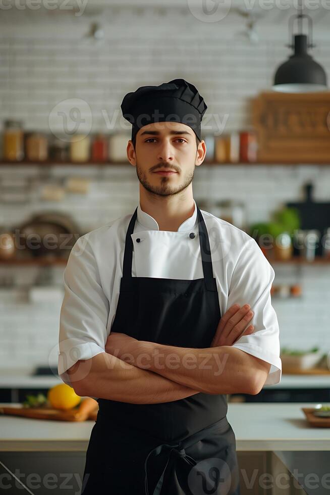 Portrait of chef man in a chef cap in the kitchen. Man wearing apron and chefs uniform and chefs hat. chef for advertising. photo