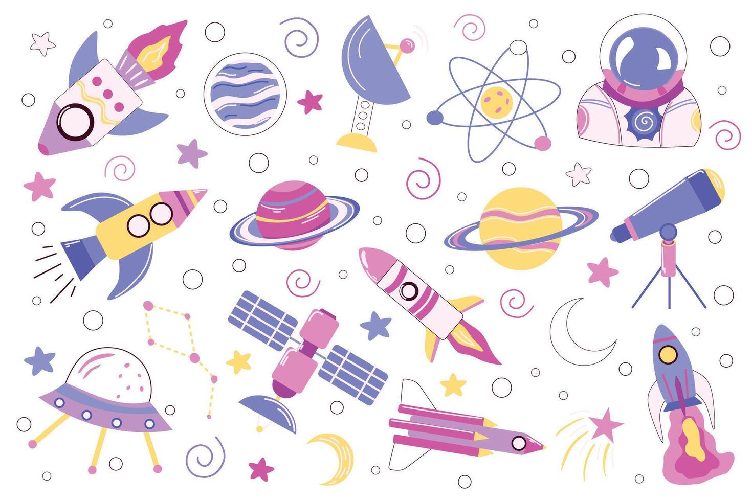 A colorful set of space-themed elements featuring rockets, planets, UFOs, and satellites. Perfect for children's products, educational materials, and creative projects. vector