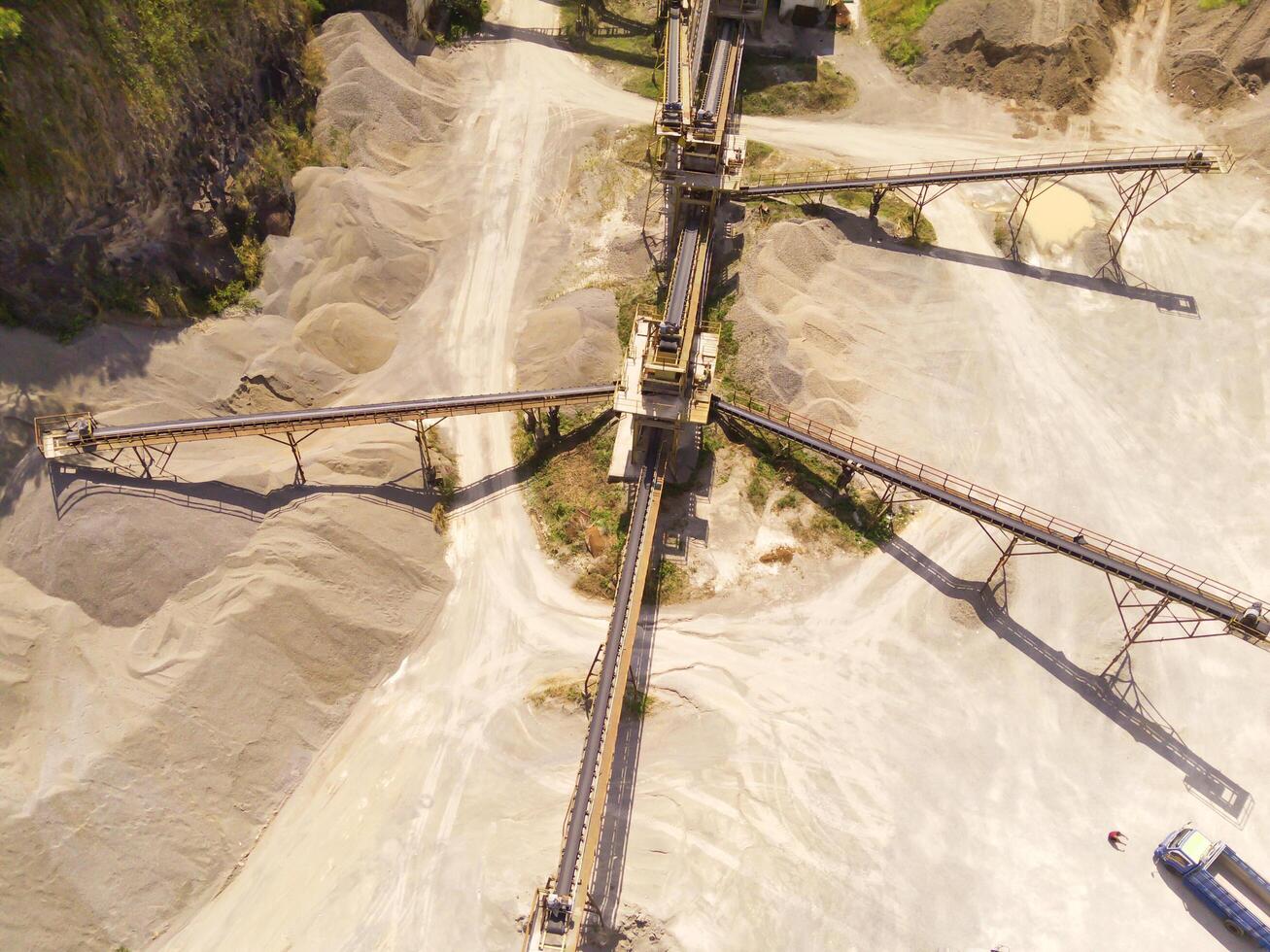 Landscape of truck and conveyor belt in the middle of sand pit. Mining Industry. Panoramic Landscape. Mining material transportation. Sand and stone mining. Drone Photography. Aerial Photography photo
