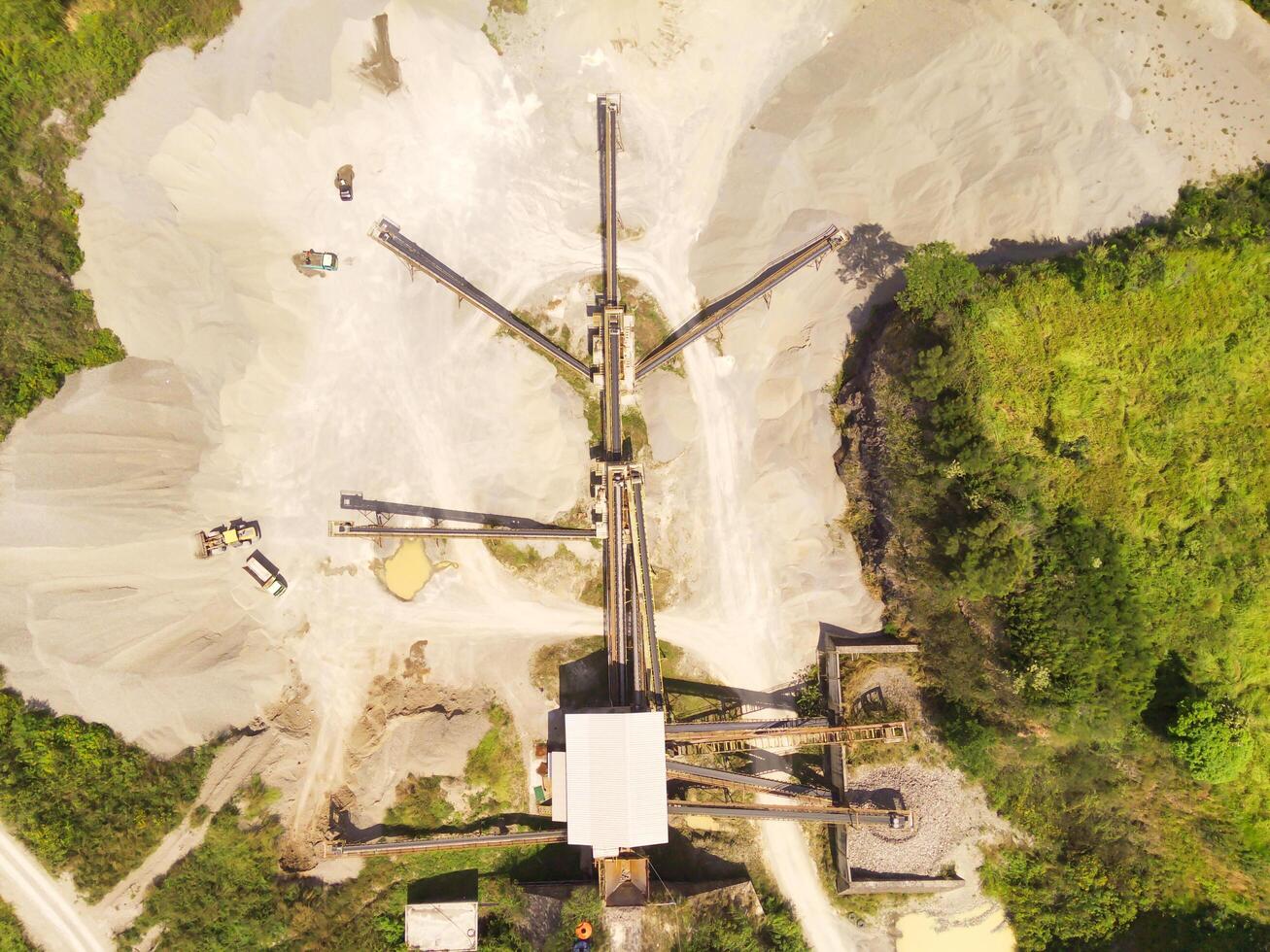 Bird eye view of sand mining conveyor from a height of 200 meters. Mining Industry. Panoramic Landscape. Graphic Resources. Above. Drone Photography. Aerial Landscape Photography Concept photo