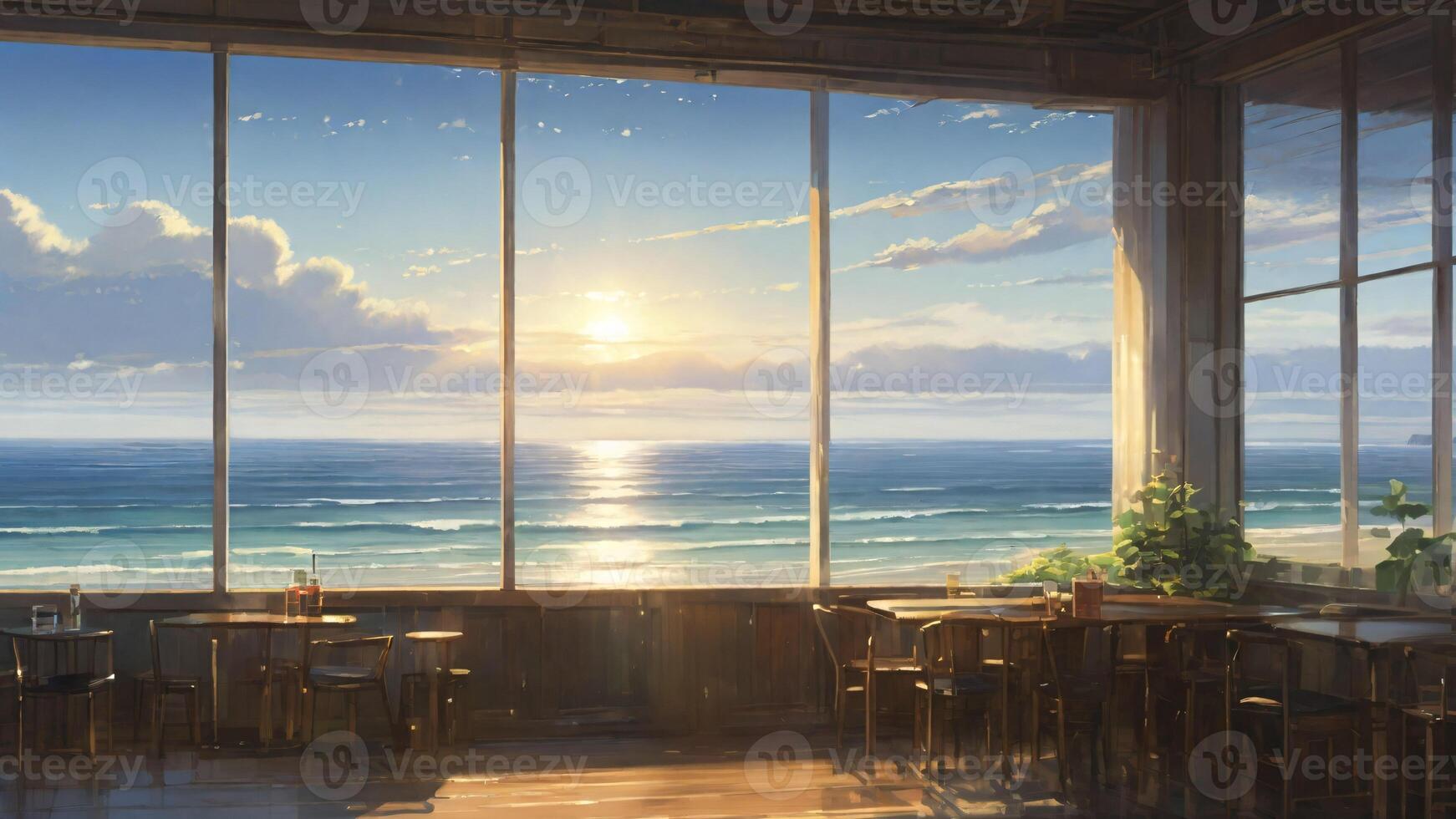 View of the dusk sunny sea from the terrace of a restaurant. photo