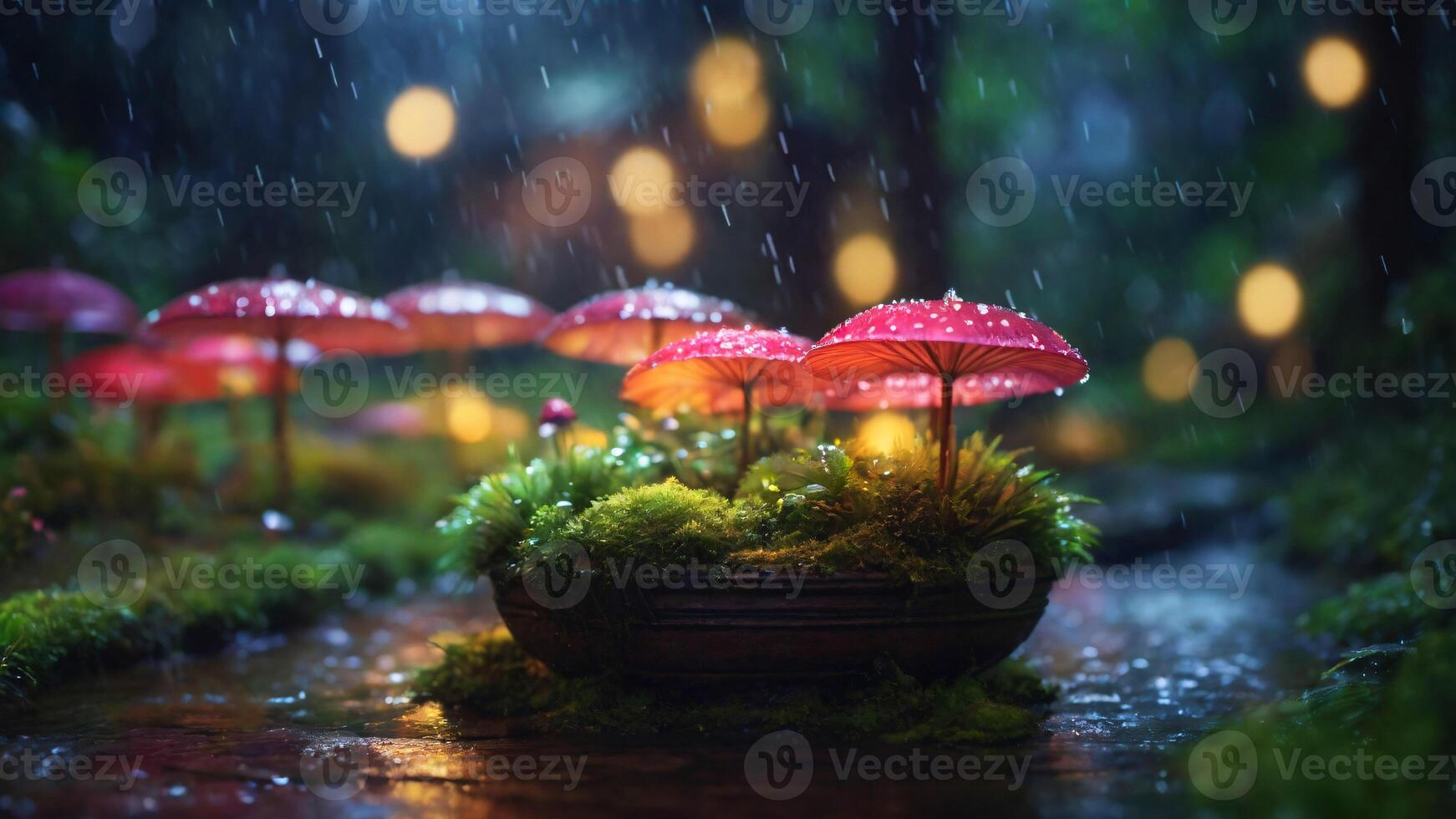 abstract drifting mushroom in the peaceful rain night with bokeh background, Selective focus. photo