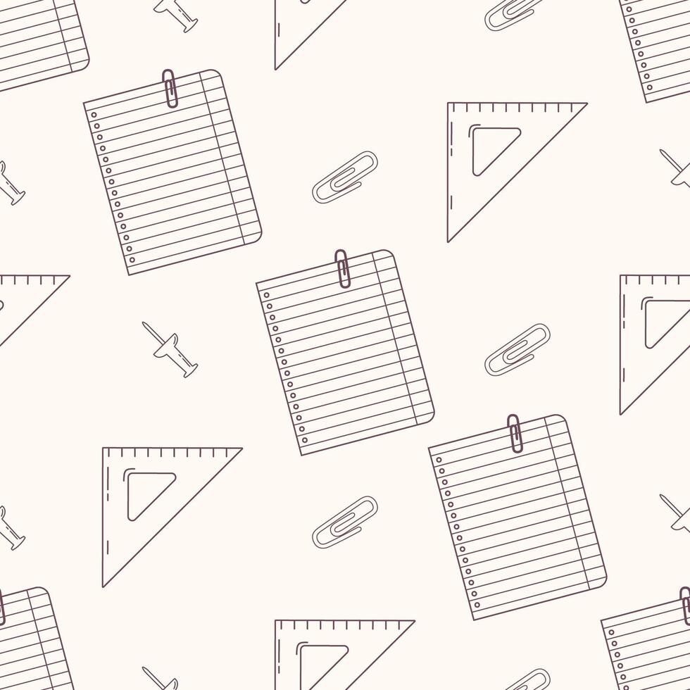 Back to school seamless pattern. Line art doodle illustration with school supplies. Lined paper, pins, clips and ruler. vector