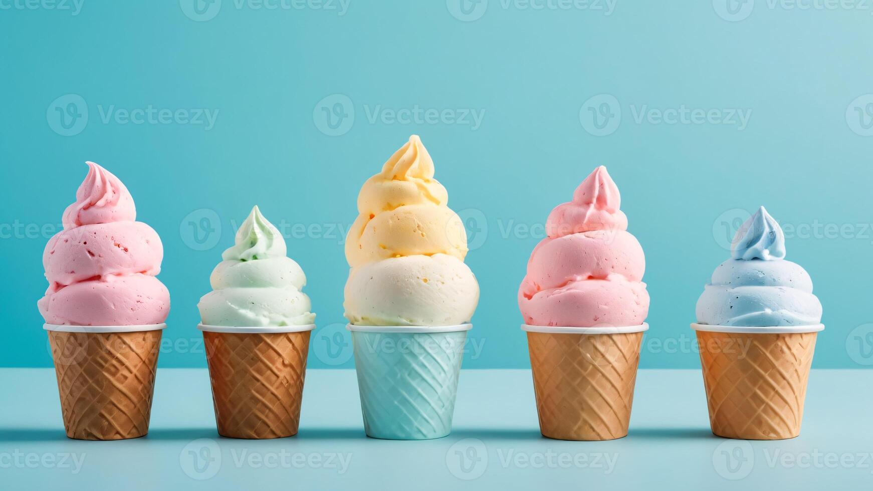 Colorful ice creams in waffle cone cups on light blue background, copy space. photo