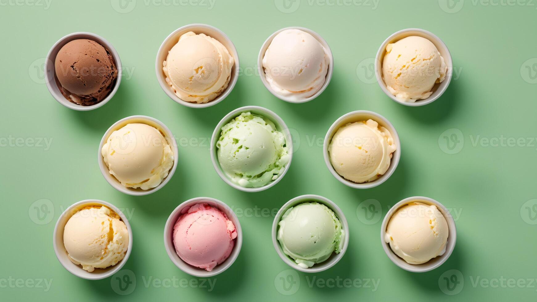 Top view of Various of ice cream flavor in bowls on light green background. Three rows. photo