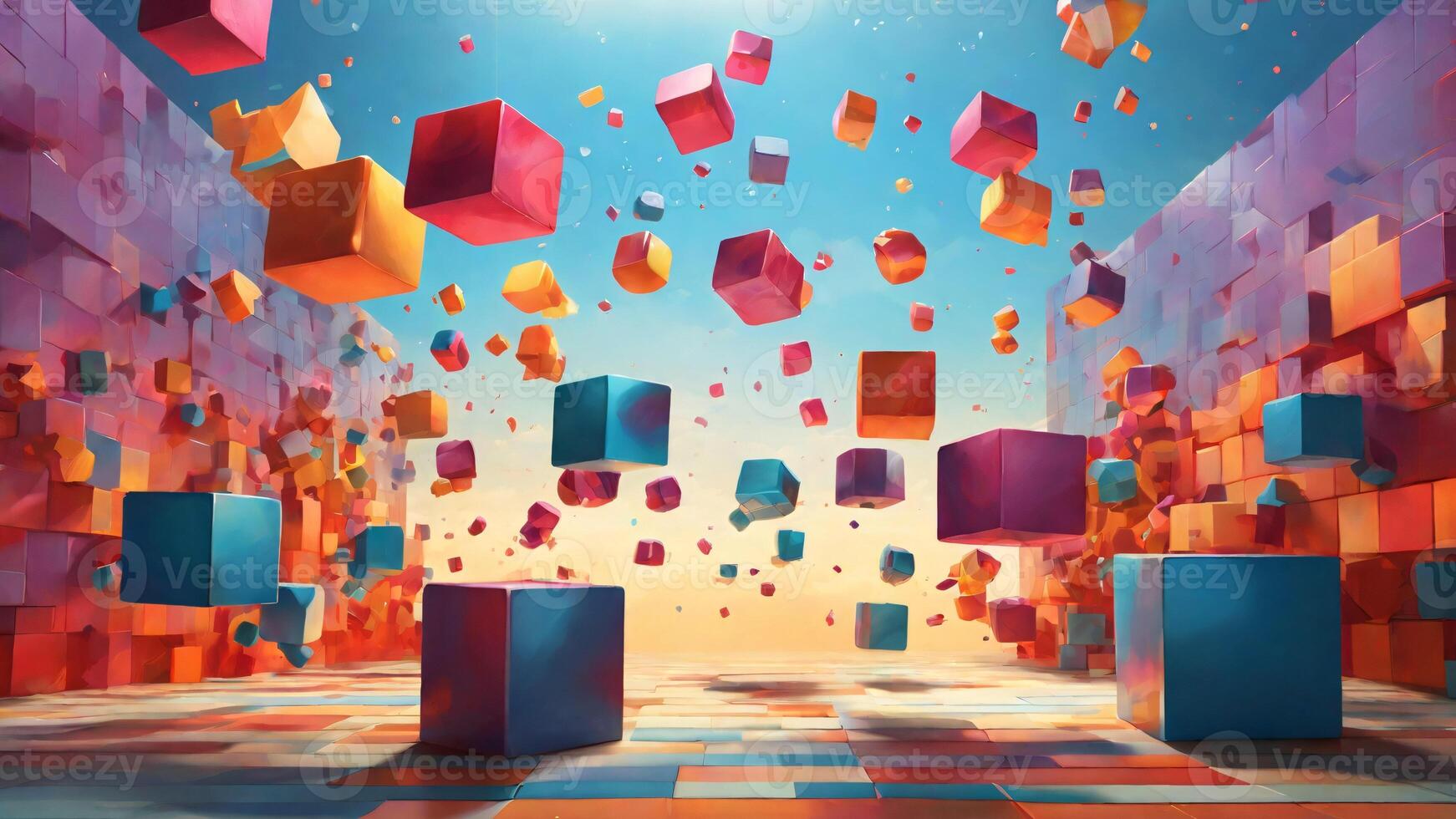 Abstract 3d rendering of colorful cubes flying in the air. Futuristic background design. photo