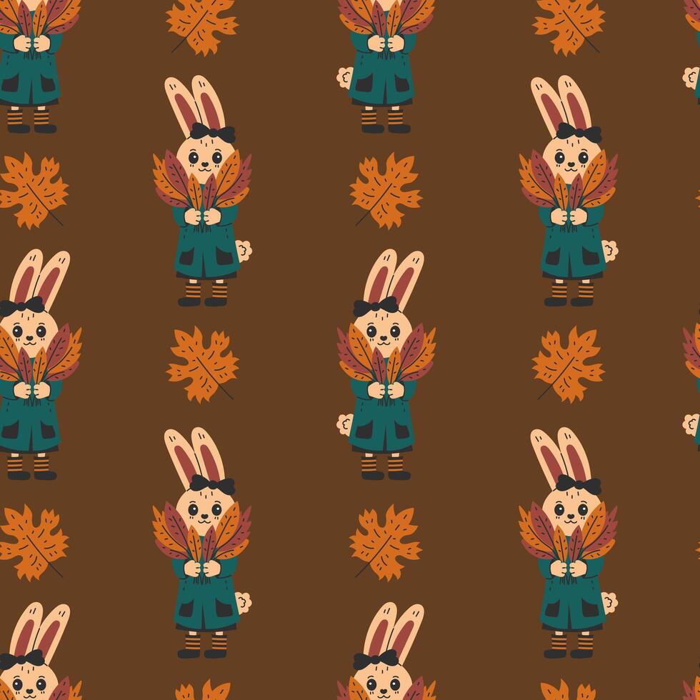 Bunny with Leaf Bouquet Autumn Seamless Pattern vector