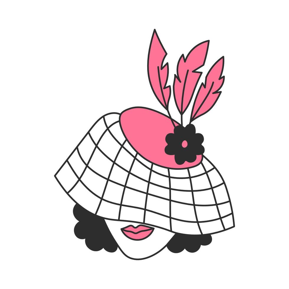 Portrait of Woman in Hat with Veil and Feathers vector
