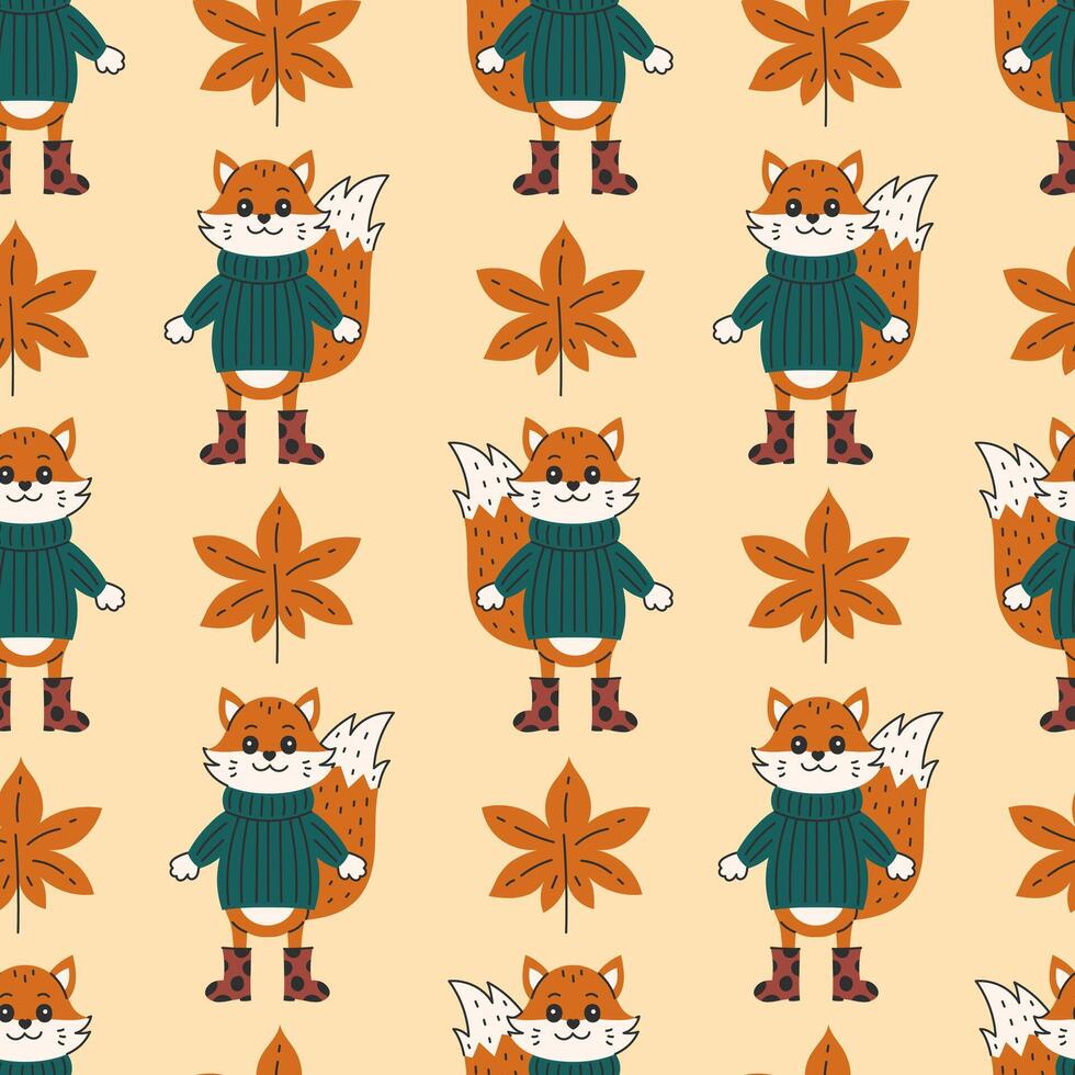 Fox and Chestnut Leaf Fall Seamless Pattern vector