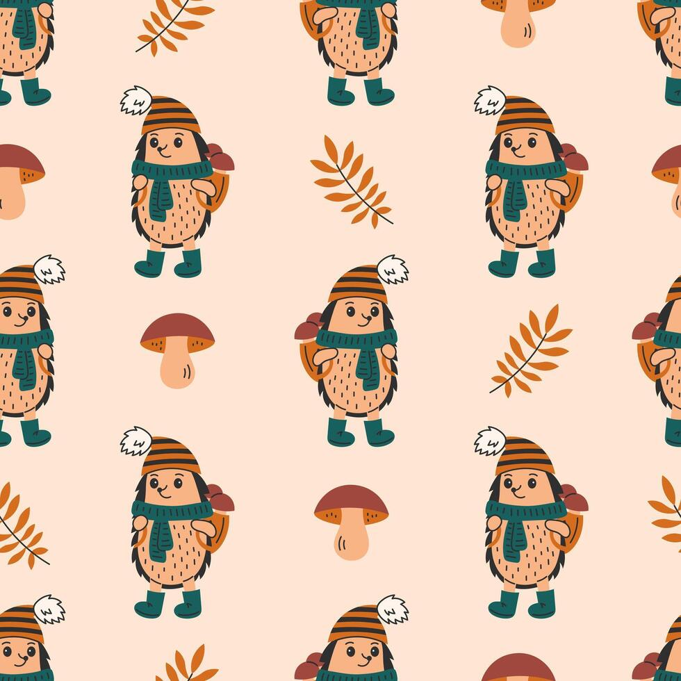 Hedgehog and Fungi Fall Seamless Pattern vector