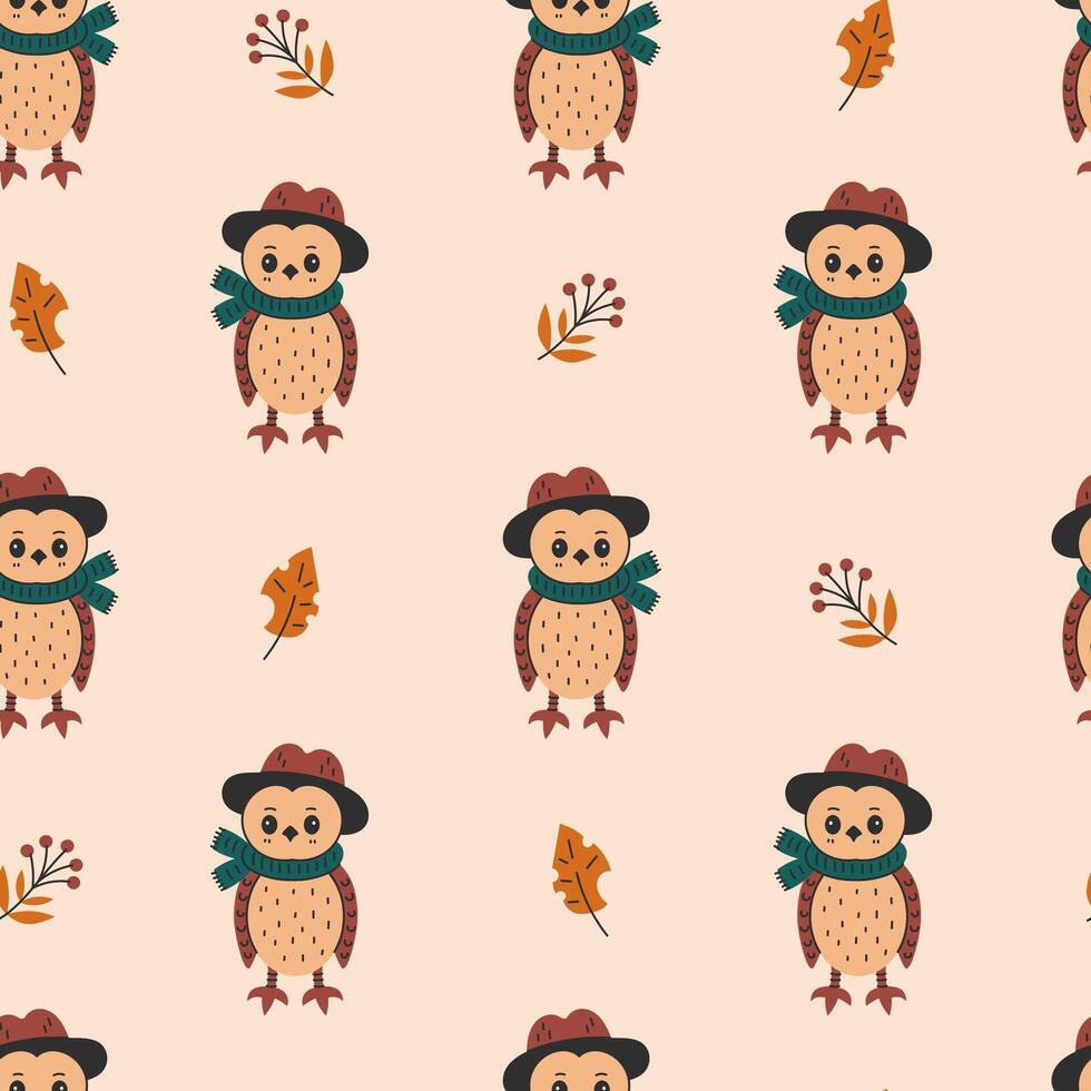 Owl and Leaf Fall Seamless Pattern vector