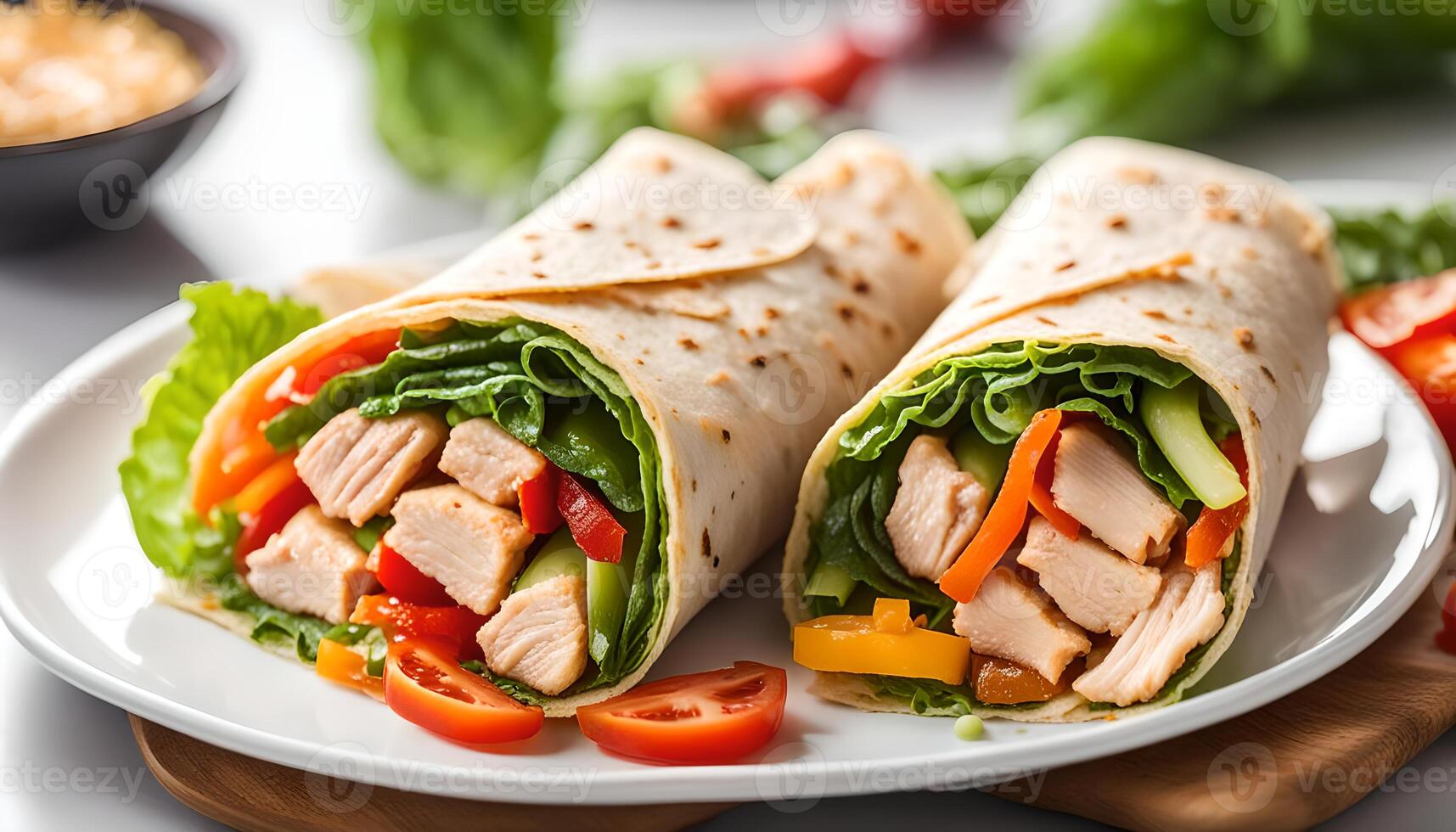 Wrap sandwiches with flavored chicken meat and vegetables on white plate. photo