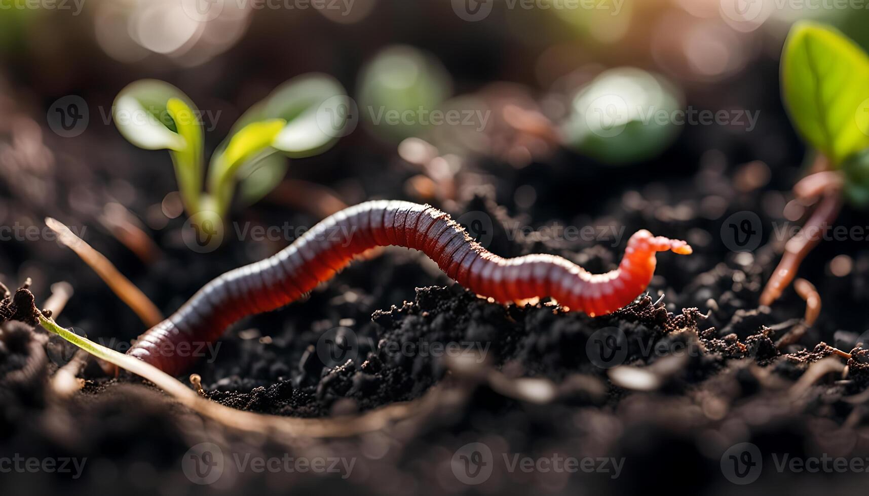 Earthworms in black soil of greenhouse. Macro Brandling, panfish, trout, tiger, red wiggler, Eisenia fetida. Garden compost and worms recycling plant waste into rich soil improver and fertilizer photo