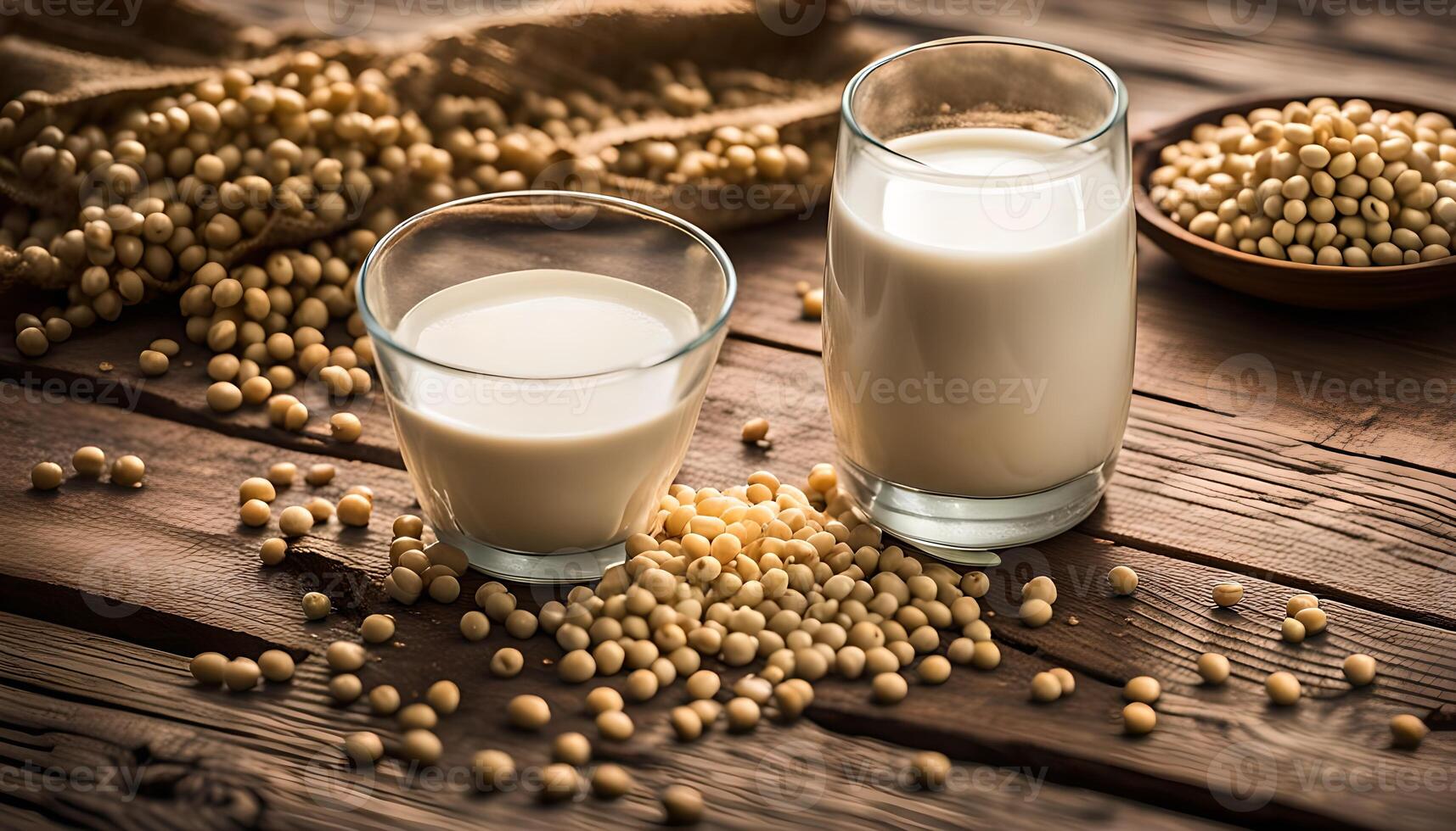 Soy milk in glass with soybeans on wood table photo