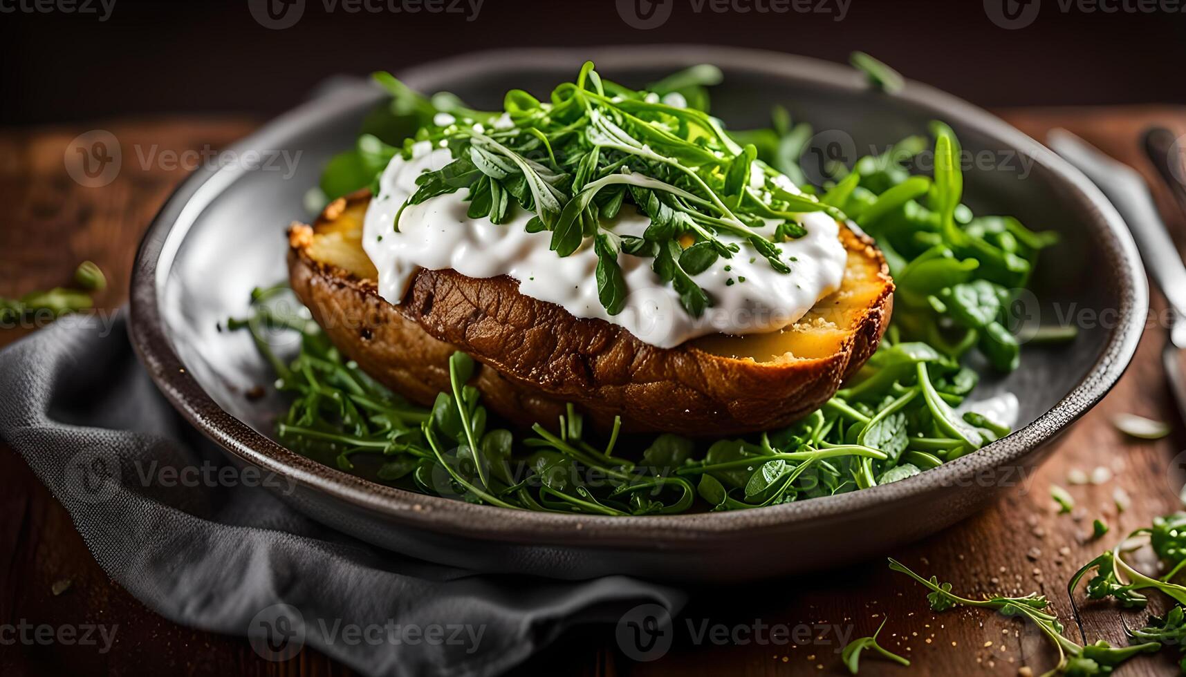 Baked potato filled with sour cream and arugula photo