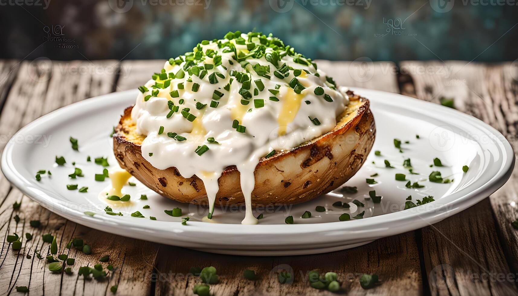 Baked potato mayonnaise and chives in white plate on wooden table, closeup photo