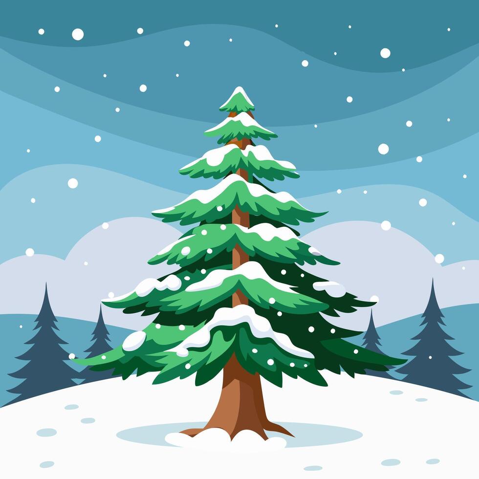 Winter landscape, snow-covered spruce tree in winter forest. Holiday illustration in flat style vector