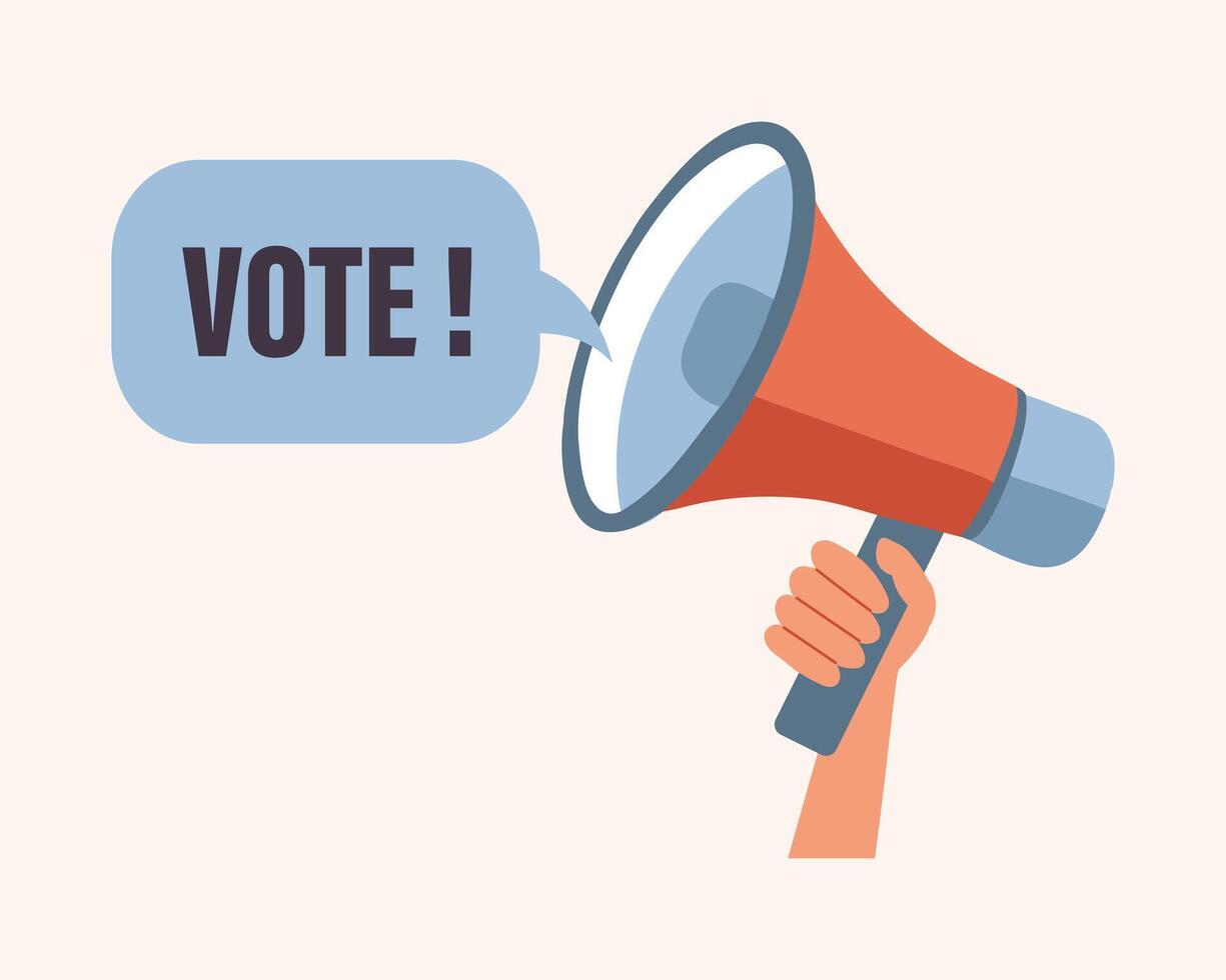 Megaphone, loudspeaker in hand. Voting and elections campaign concept. Flat style illustration vector